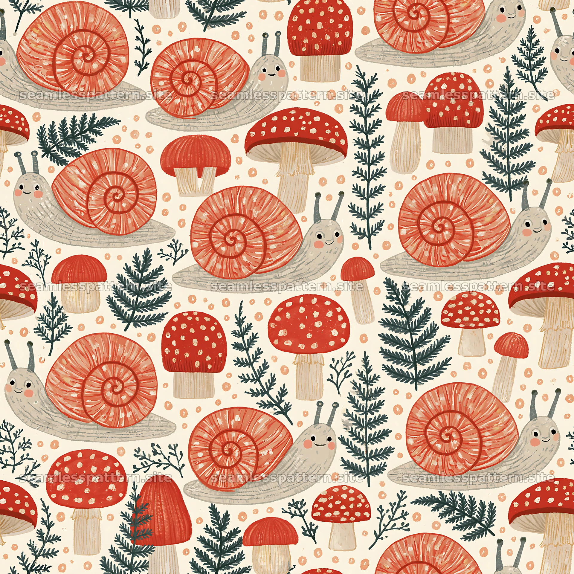Seamless texture featuring cute snails and mushrooms