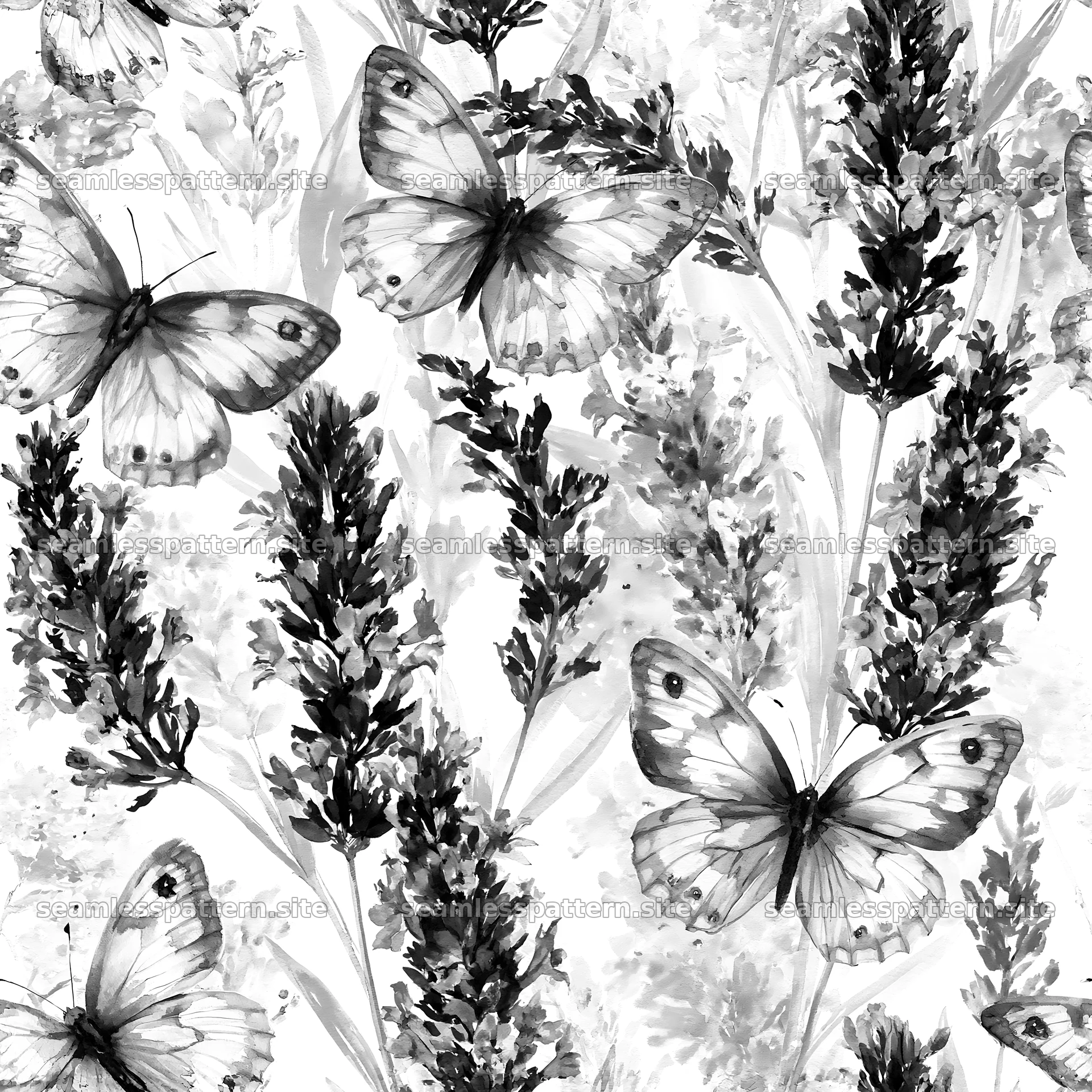 Butterfly and lavender seamless pattern in black and white