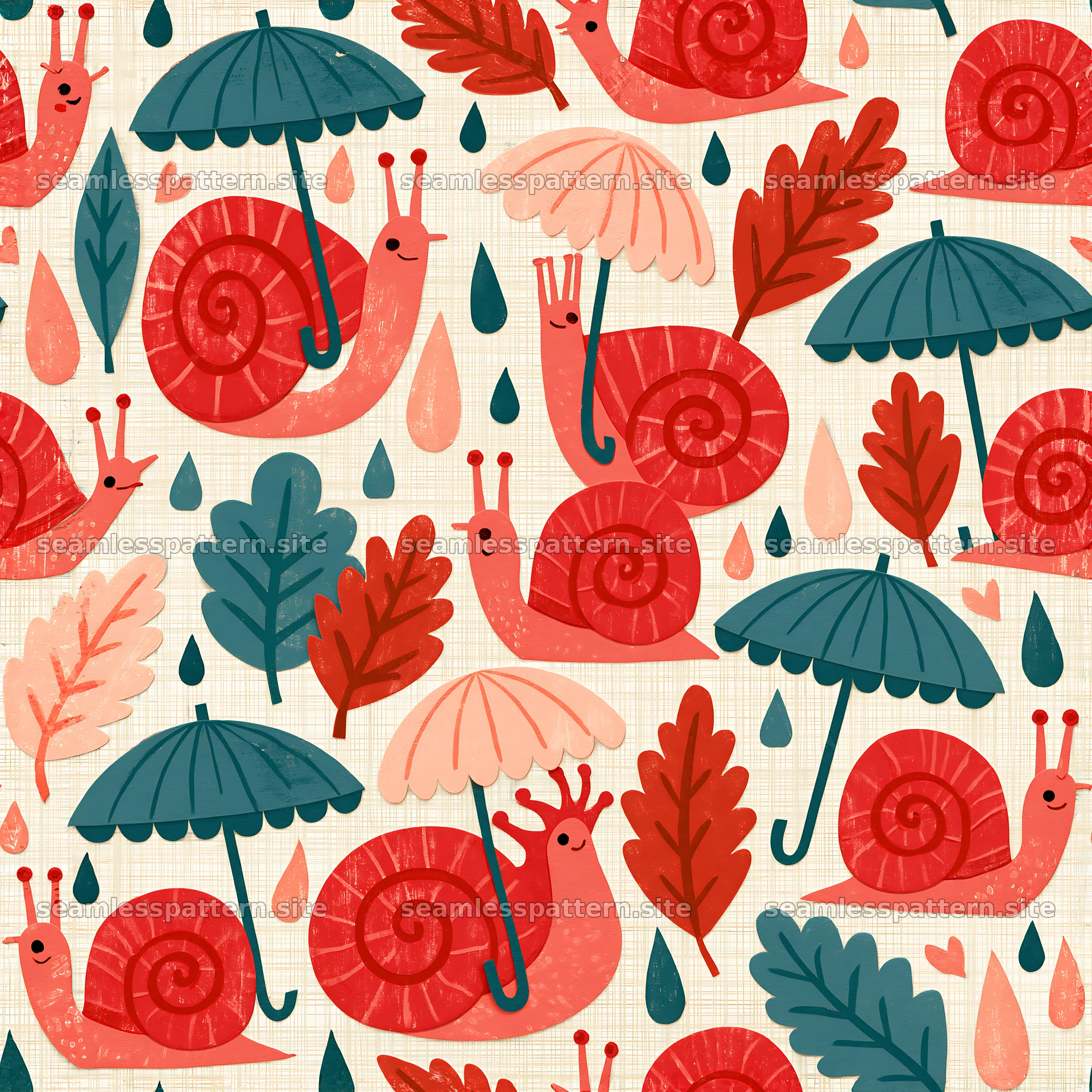 Red snail rainy day seamless pattern for fabric and wallpaper