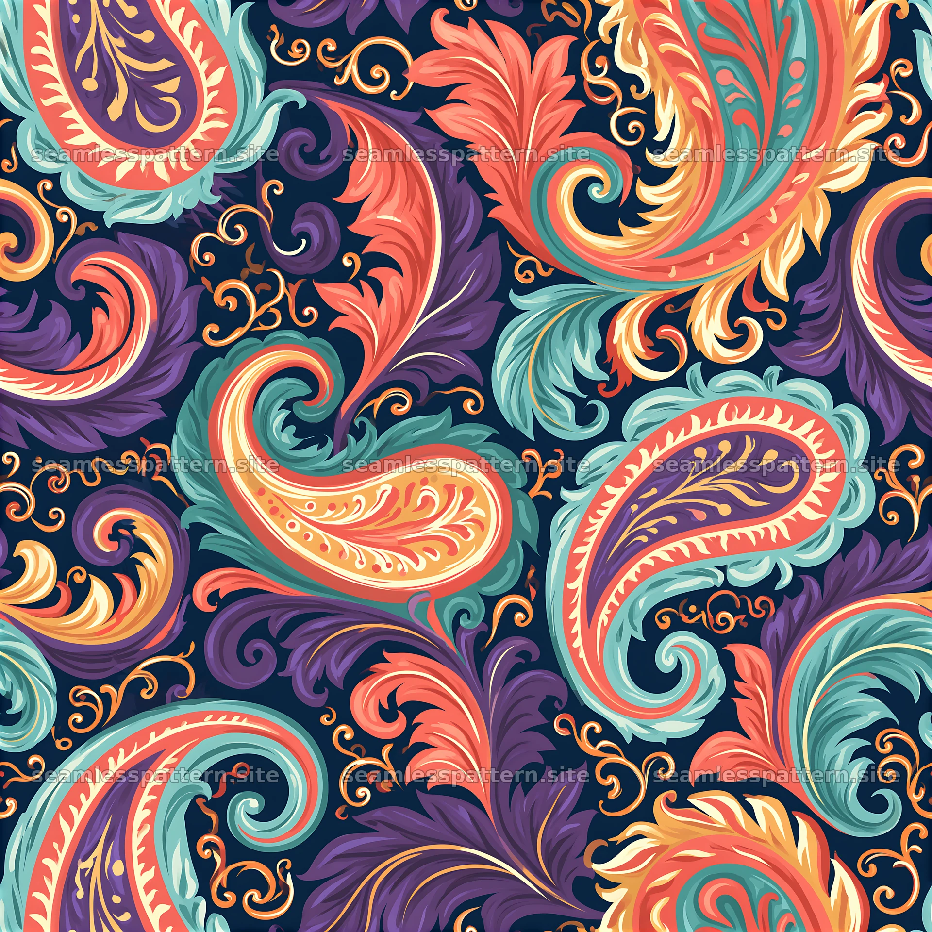 Colorful paisley seamless pattern with vibrant swirling shapes