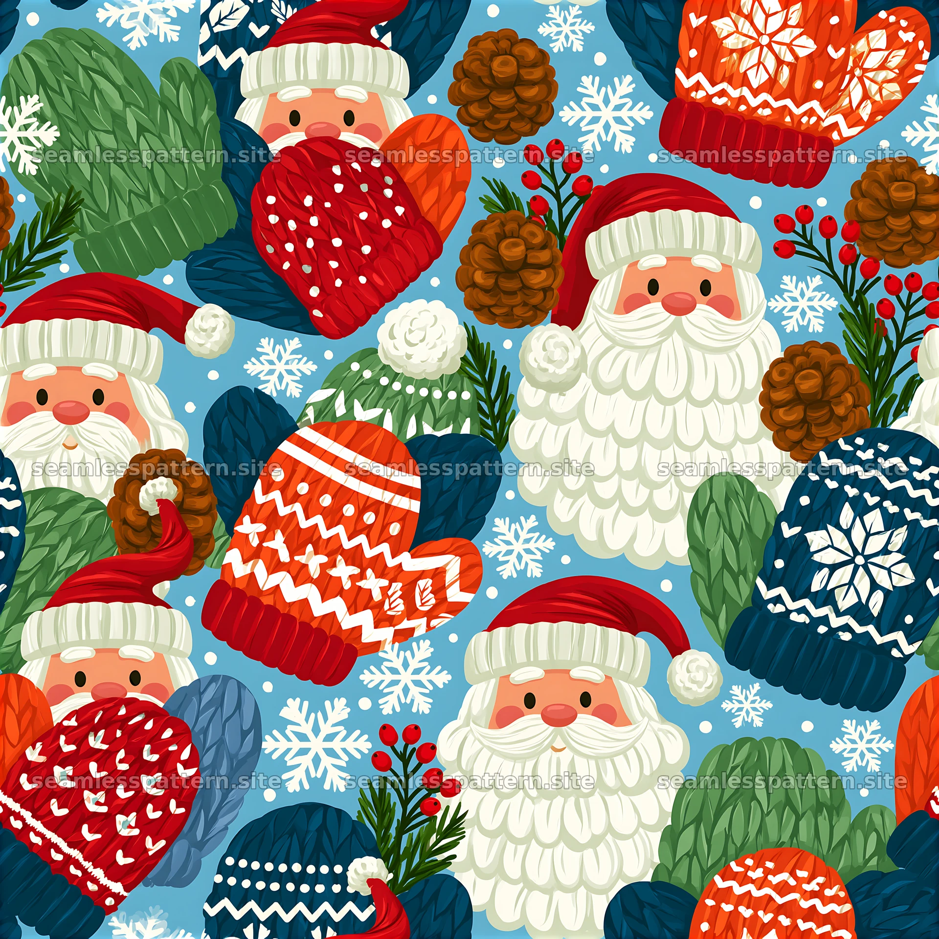 Santa Claus seamless pattern with winter mittens and colorful motifs