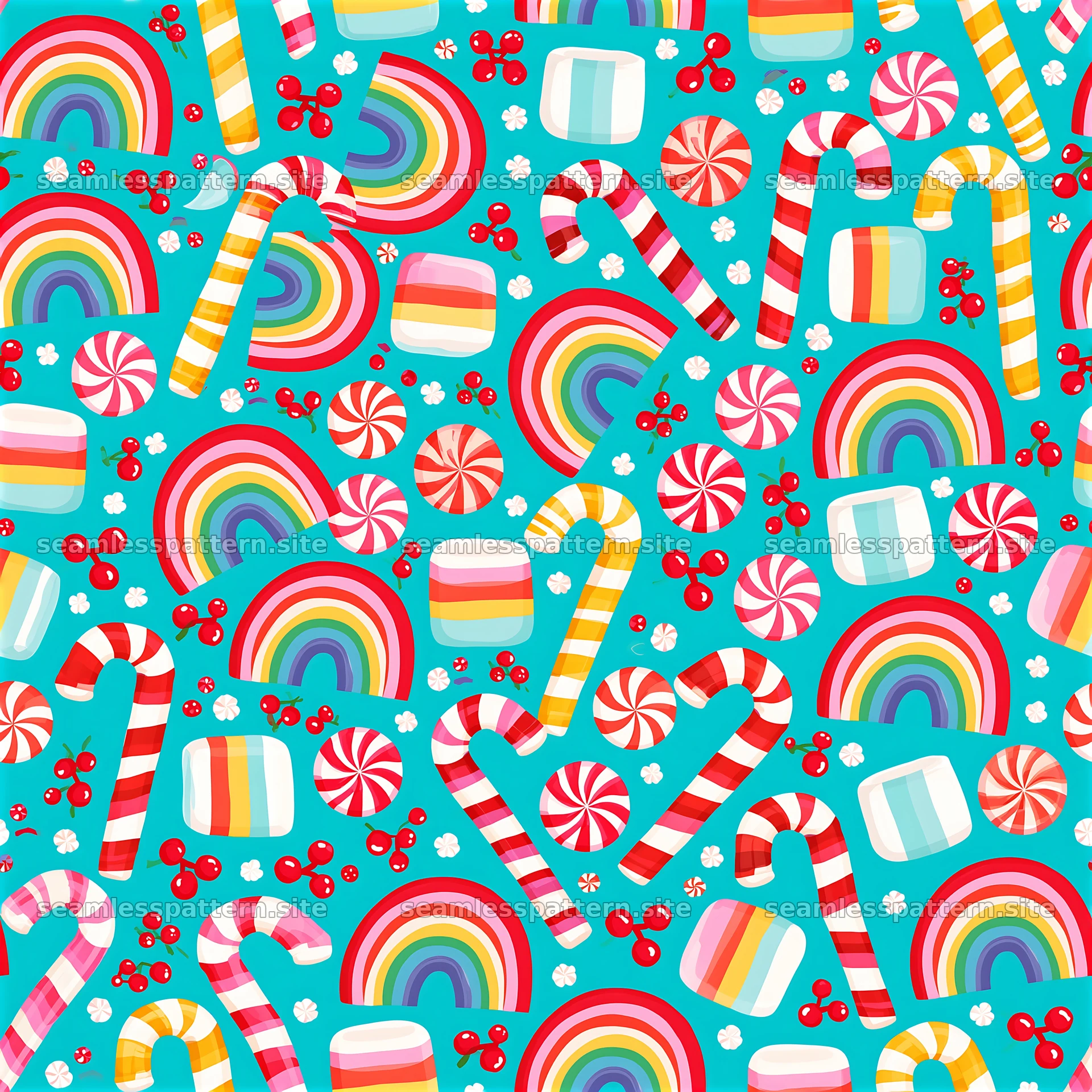 Colorful Christmas seamless pattern with rainbow candy features bright motifs