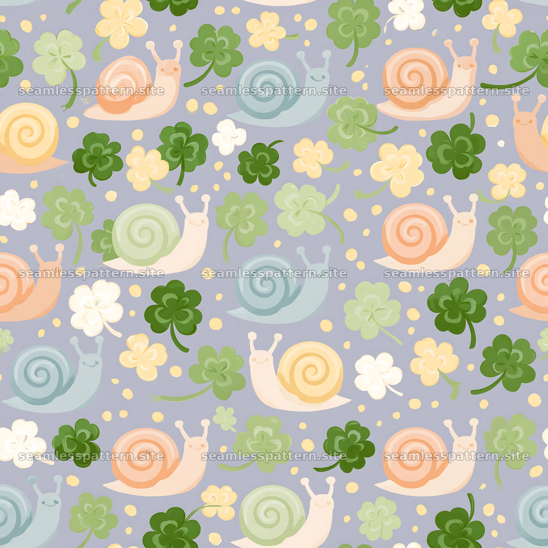 Seamless pattern of snails and clover leaves