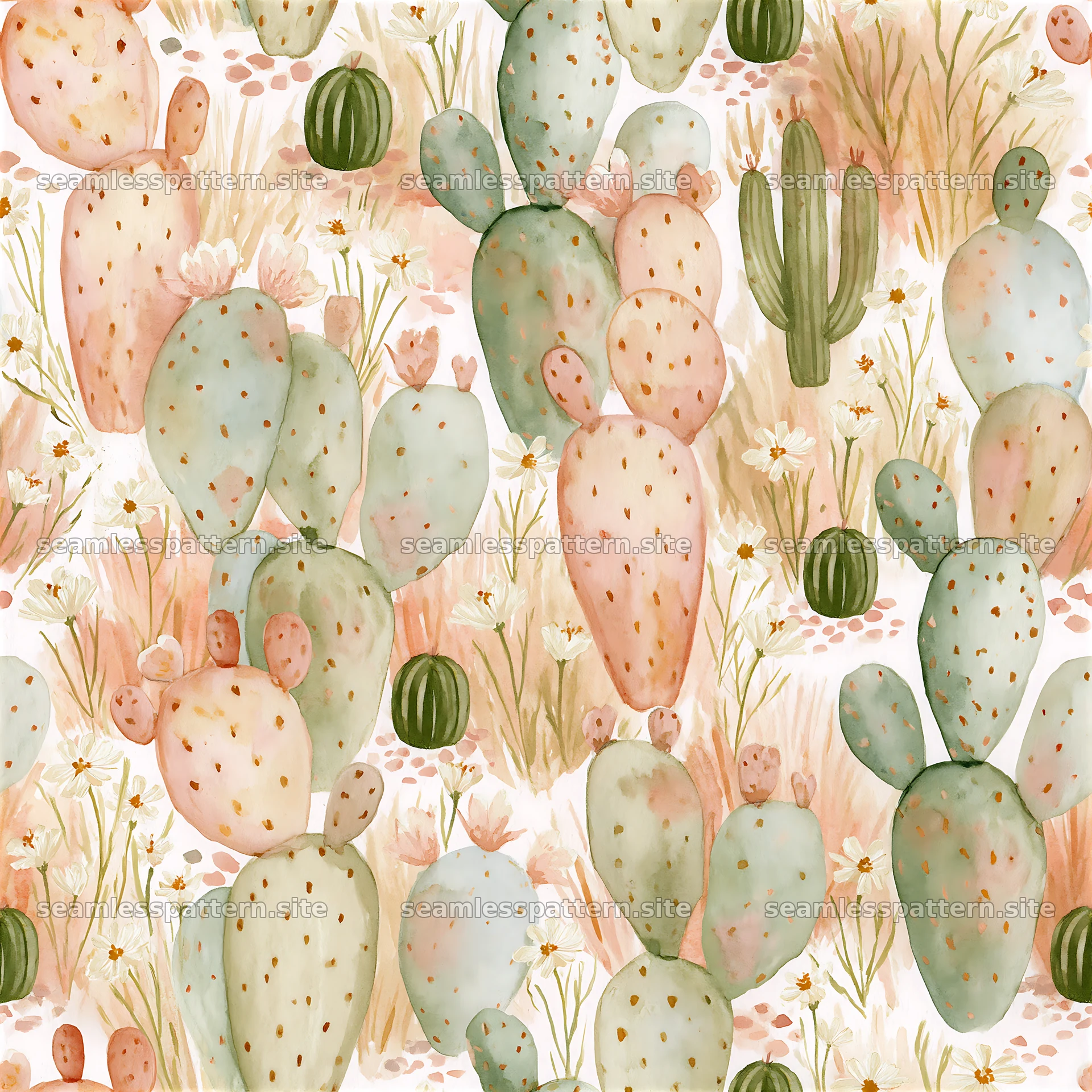 Seamless watercolor desert pattern with cacti and desert flora