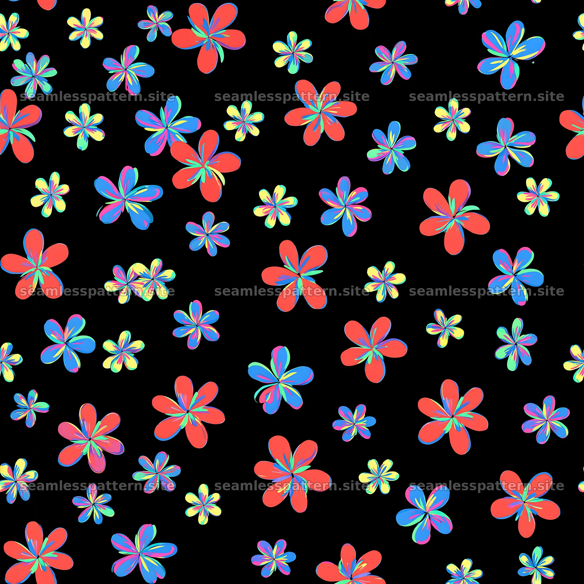 Scattered flower repeating pattern on a dark background with colors