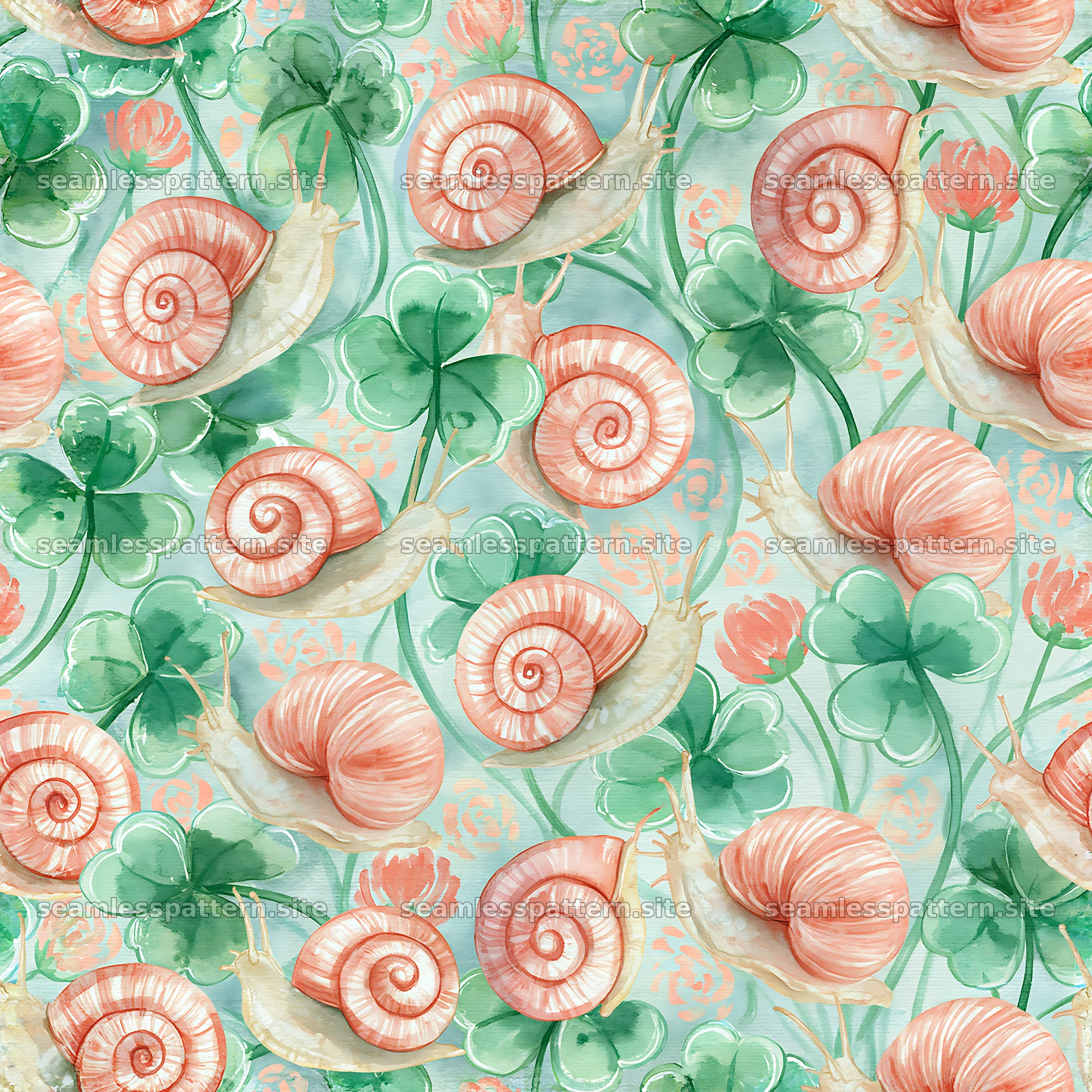 Seamless pattern of snails and clover leaves for fabric or wallpaper