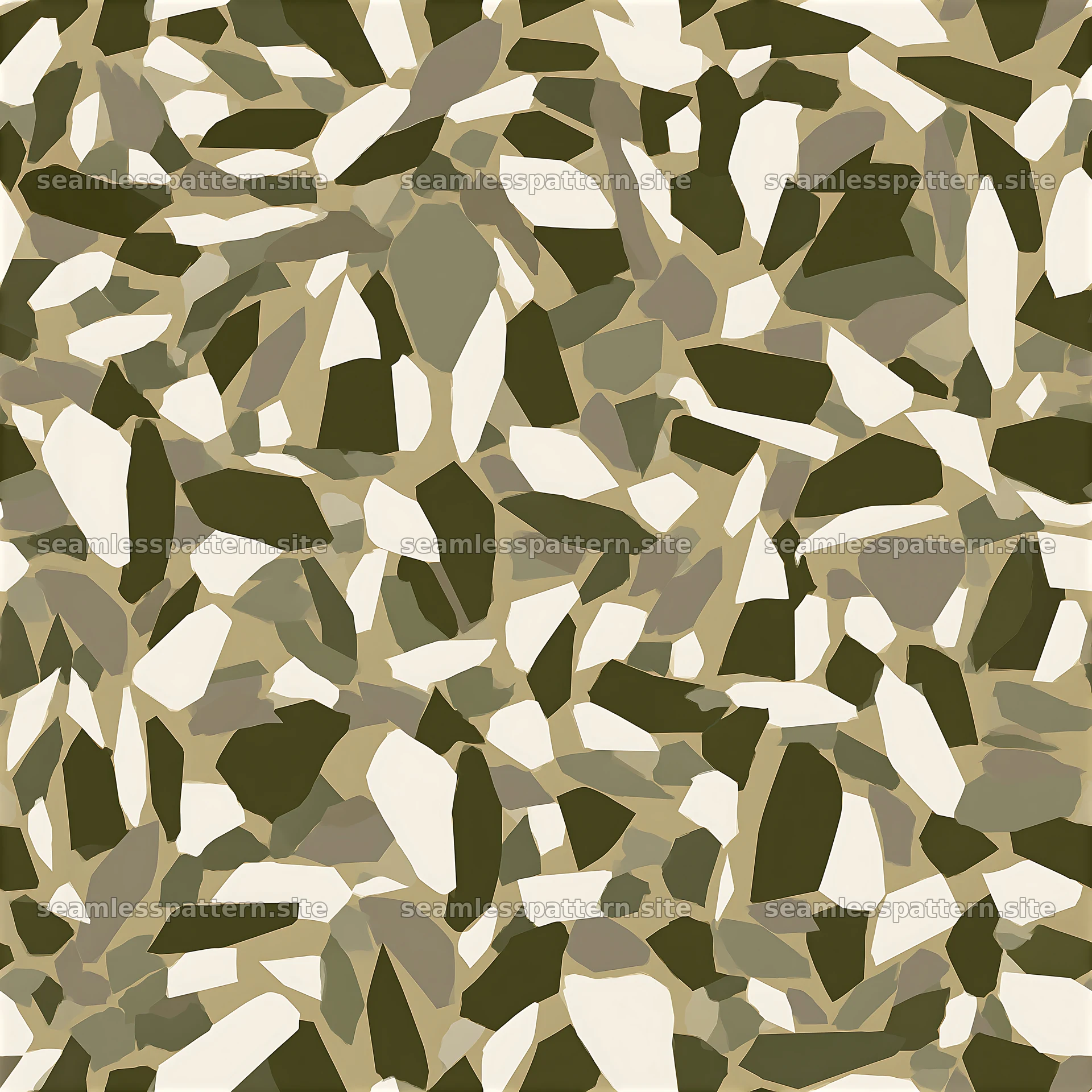 Seamless camouflage pattern with minimalist olive and beige shapes