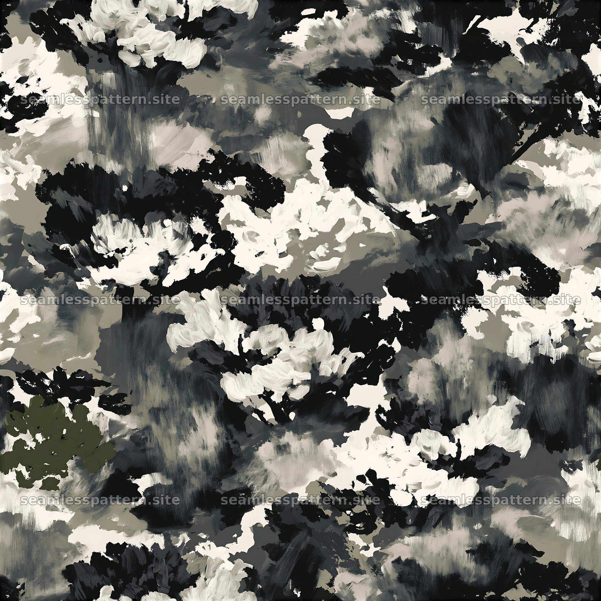Seamless hand-painted camouflage pattern in black and grey
