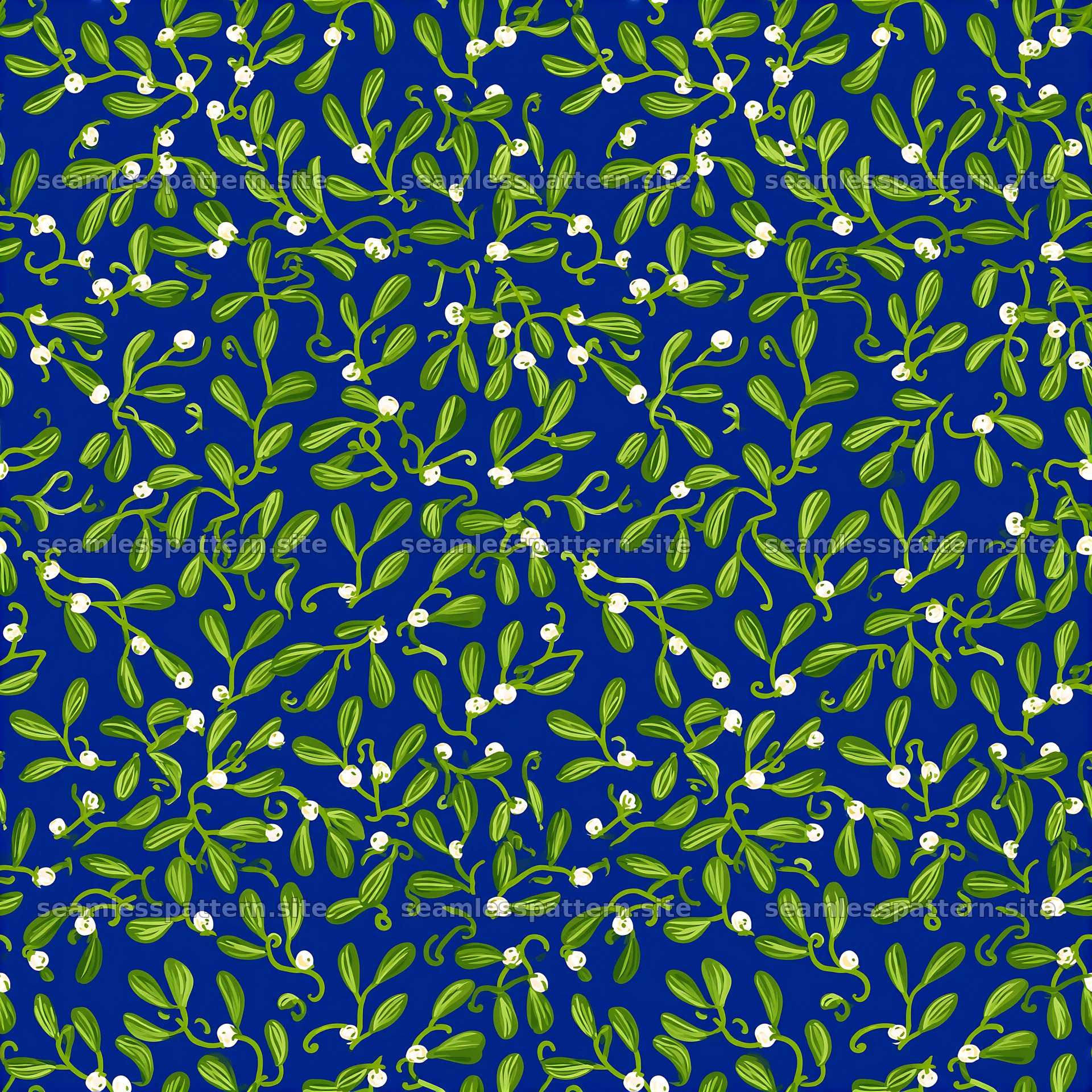 Cheerful mistletoe seamless pattern with green leaves on blue background