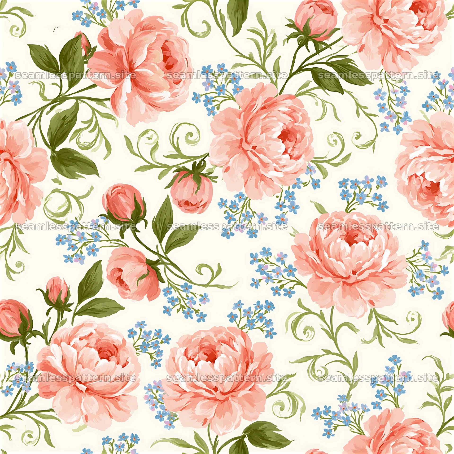 Romantic flower seamless pattern with pink peonies and blue flowers