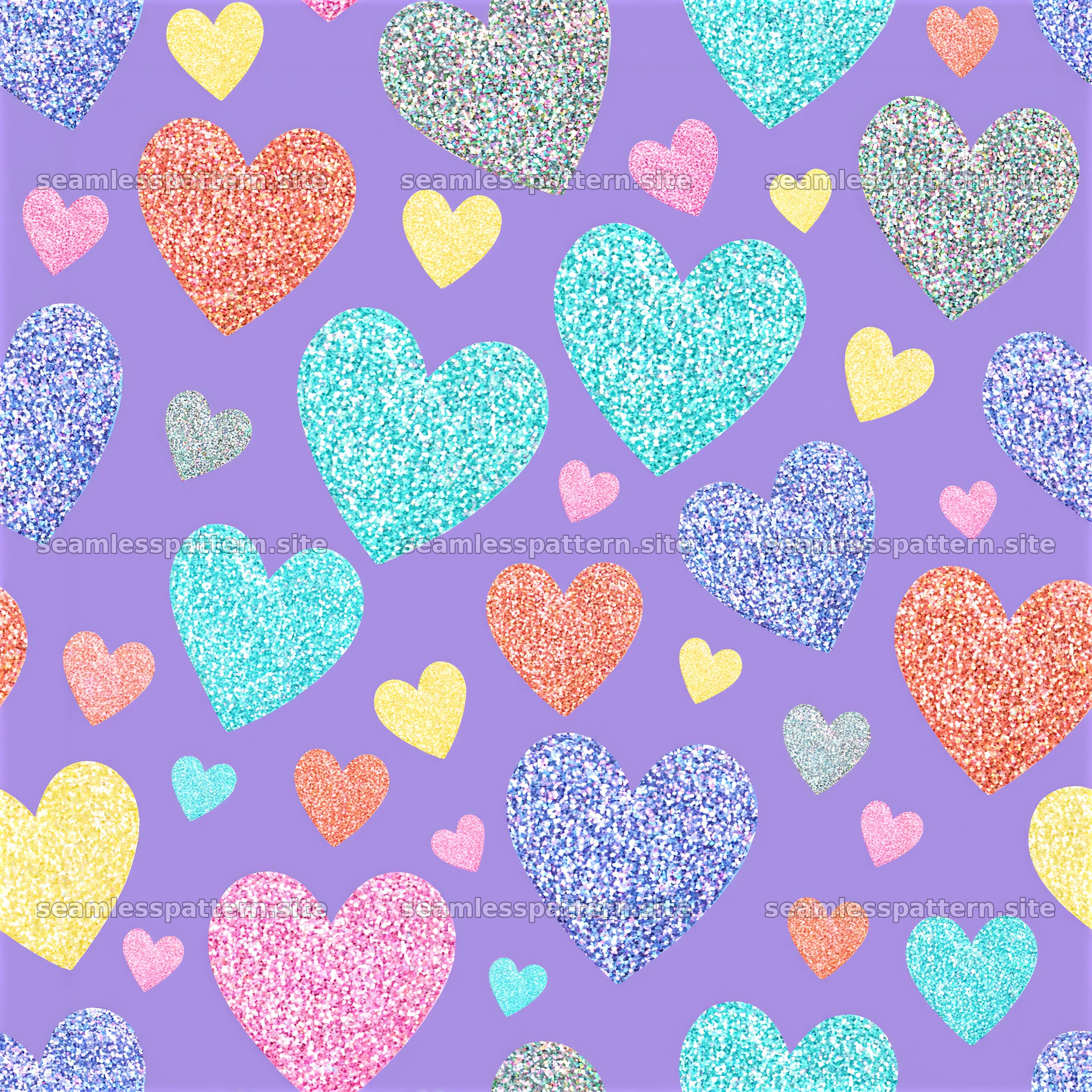 Colorful glitter hearts on a purple background pattern