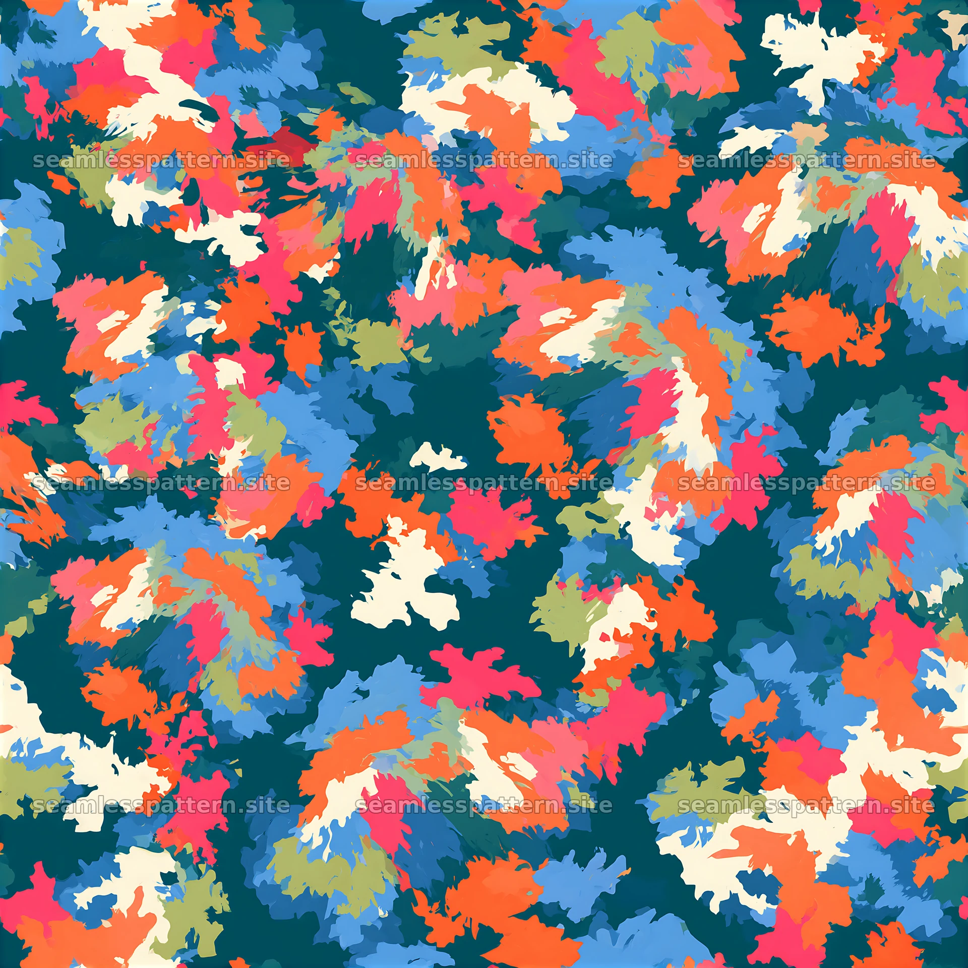 Colorful camouflage fabric repeat pattern features bright color splotches