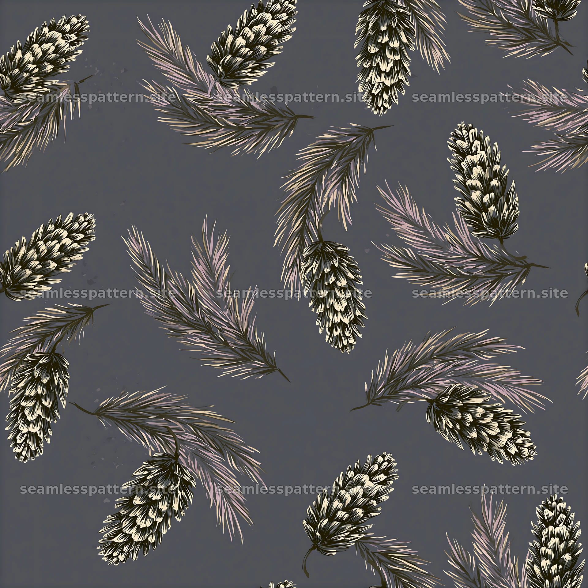 Repeating pinecone pattern with dark background and pine branches