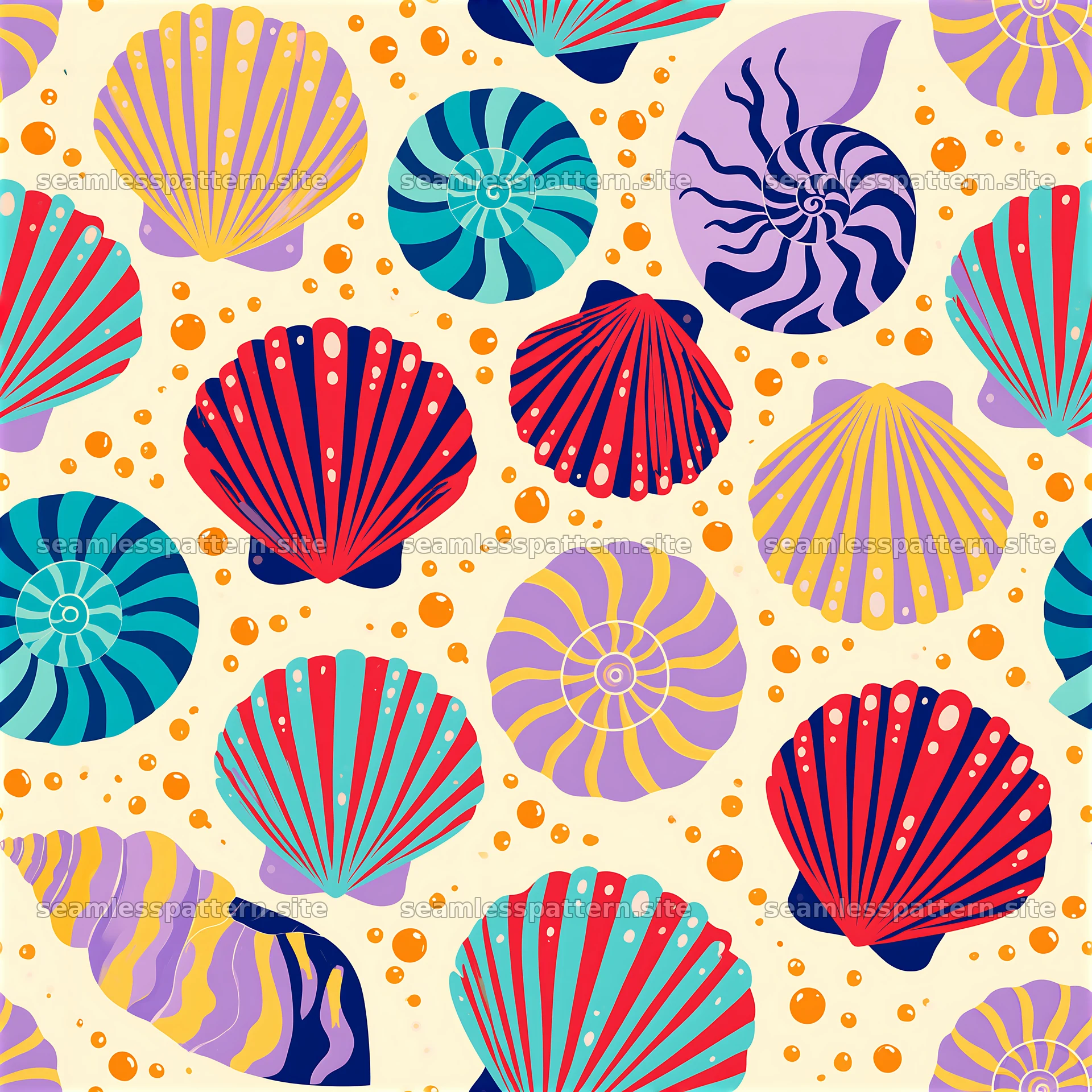 Vibrant seashells pattern with colorful designs in various shapes