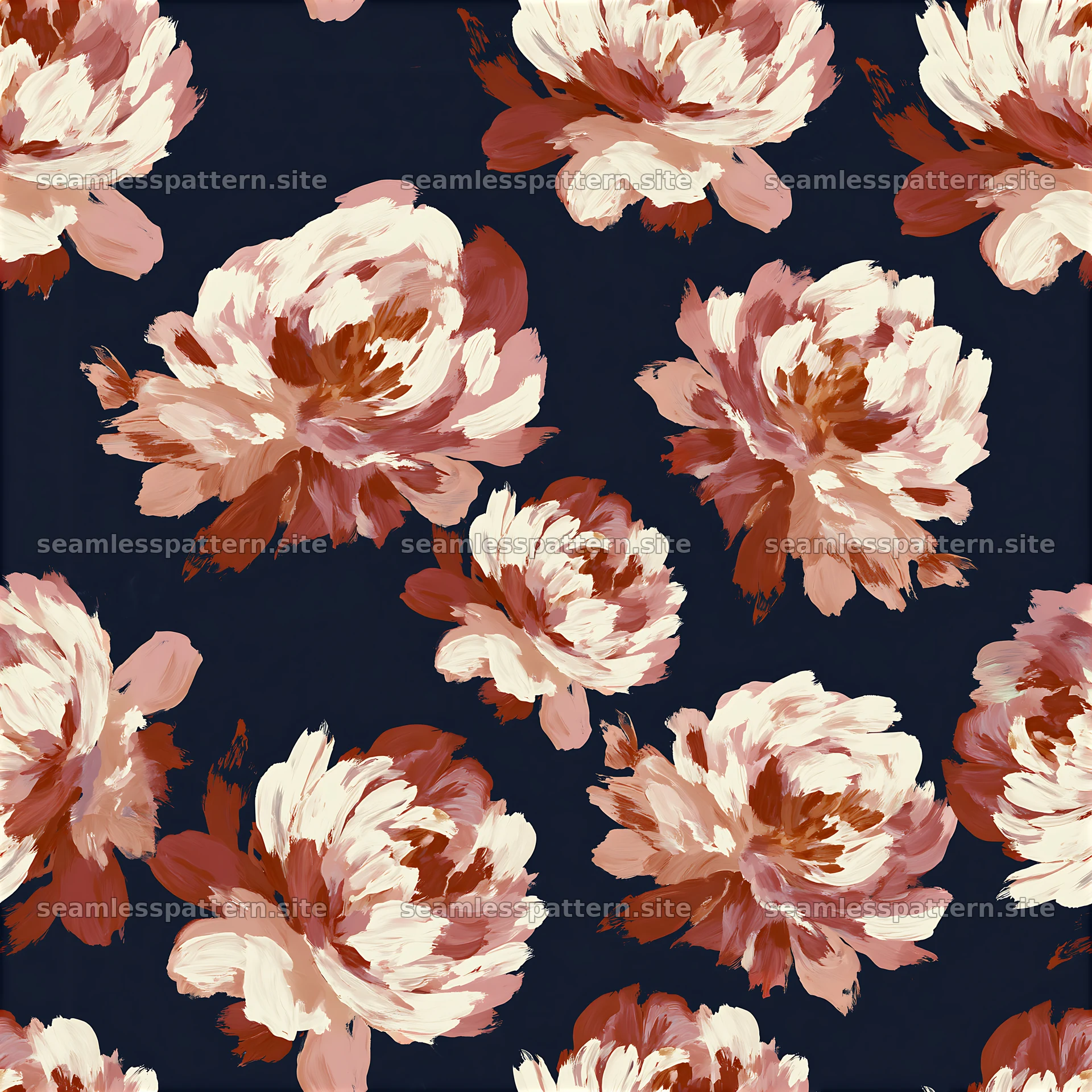 Seamless peony brushstroke pattern on deep navy background