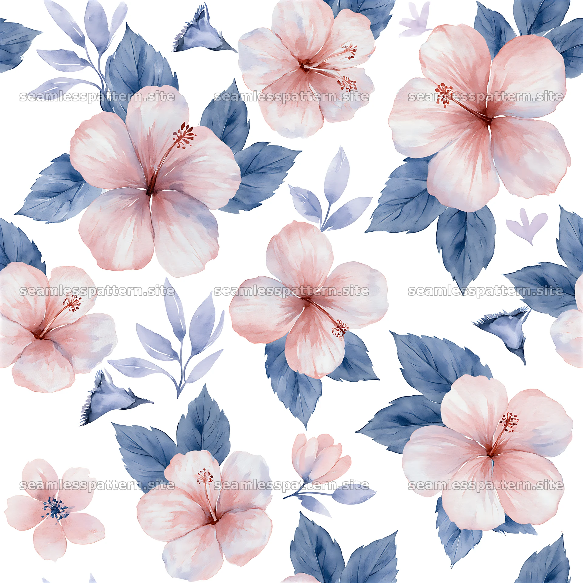 Seamless watercolor hibiscus pattern on a white background