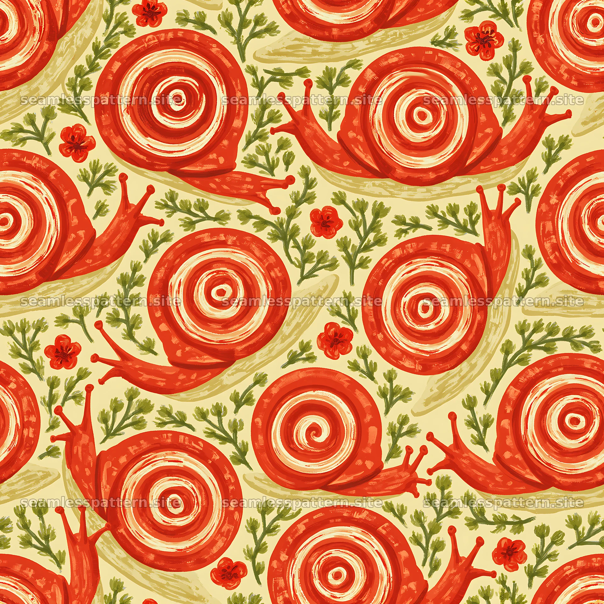 Red garden snail repeat pattern for fabric and wallpaper
