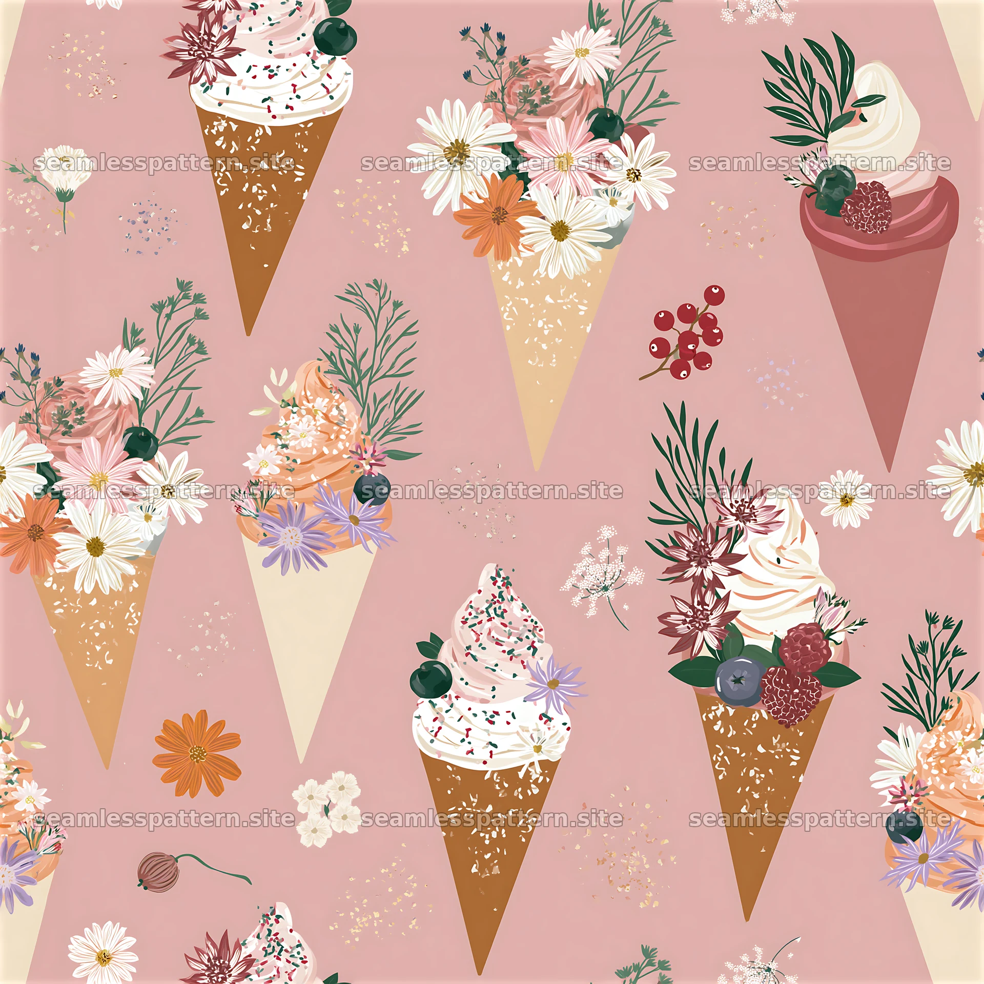 Colorful ice cream seamless pattern with floral elements on pink background