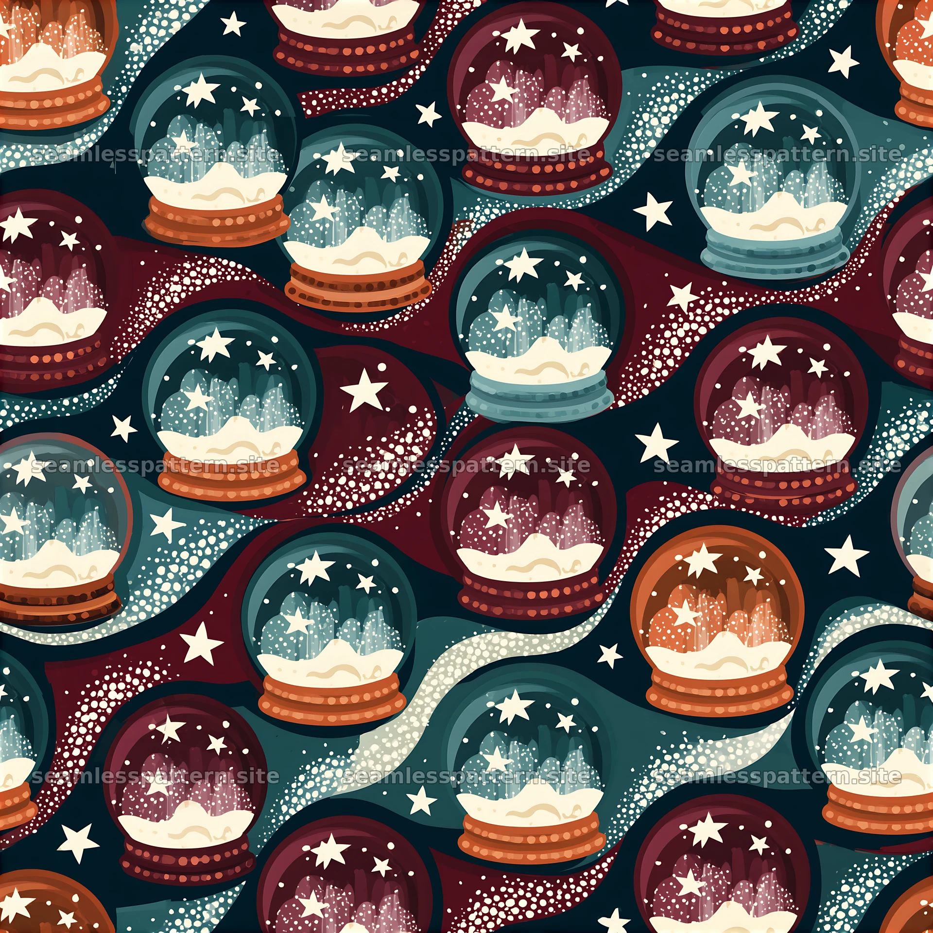 Colorful festive snow globes seamless pattern