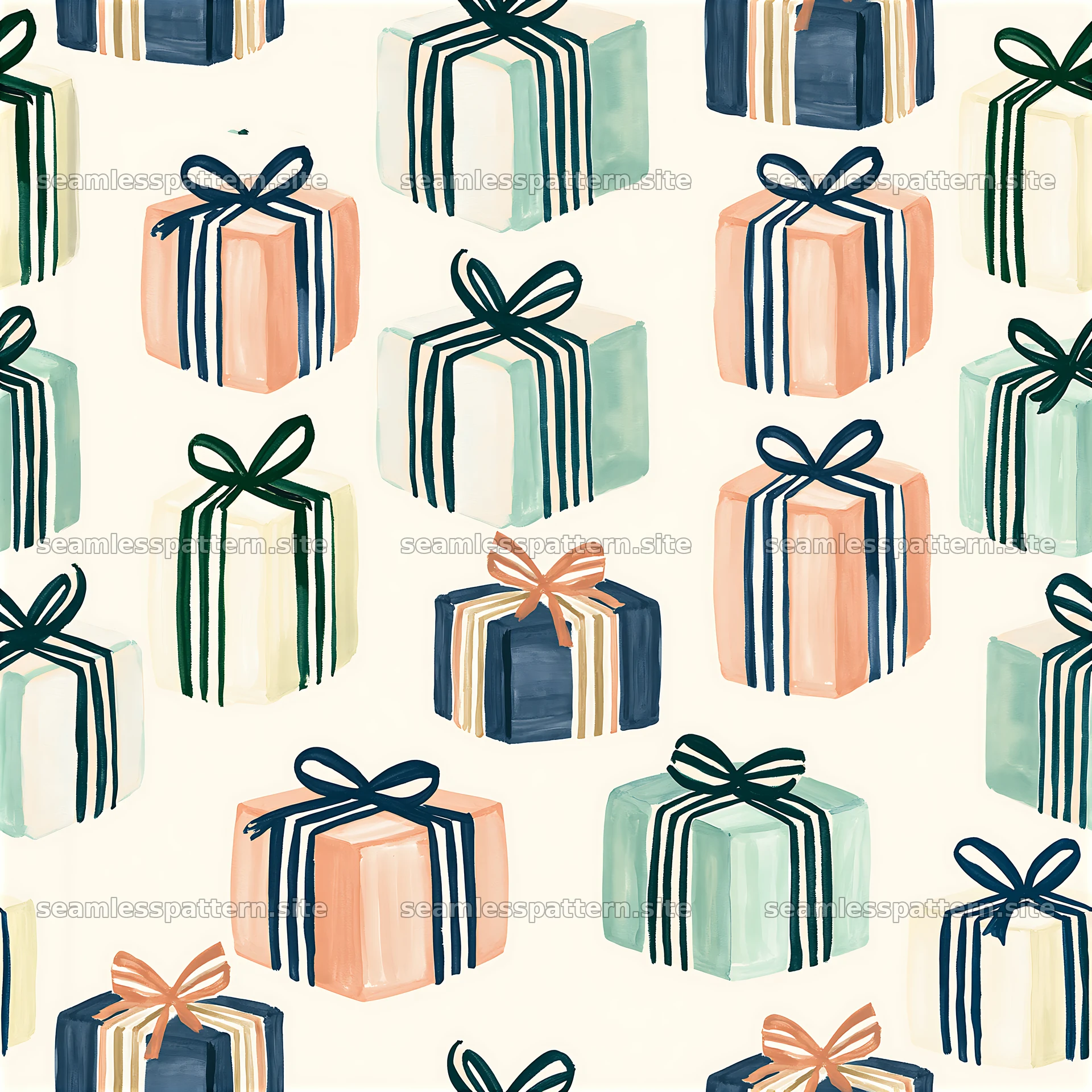 Repeat pattern of gift boxes with striped ribbons