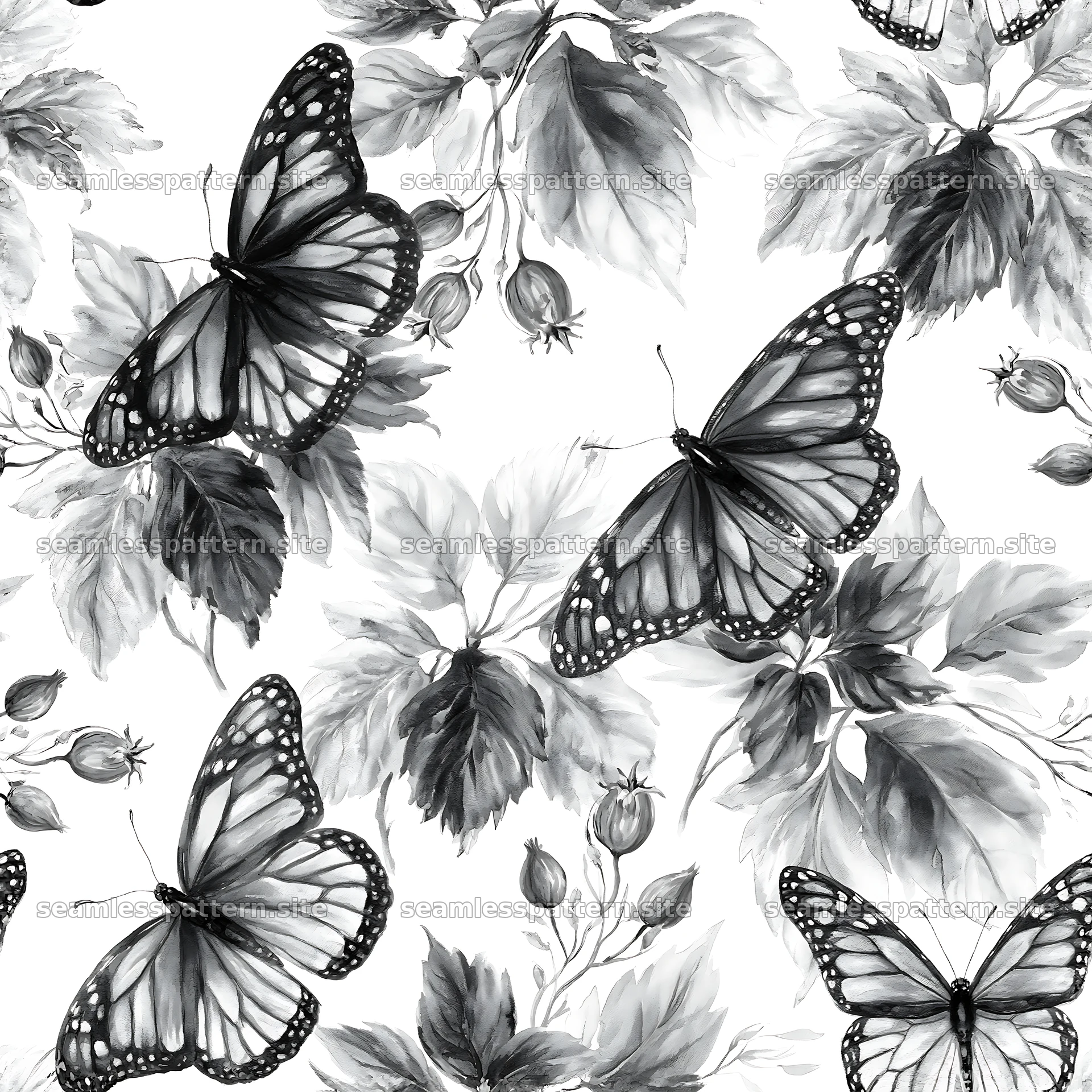 Watercolor butterfly seamless pattern in black and white