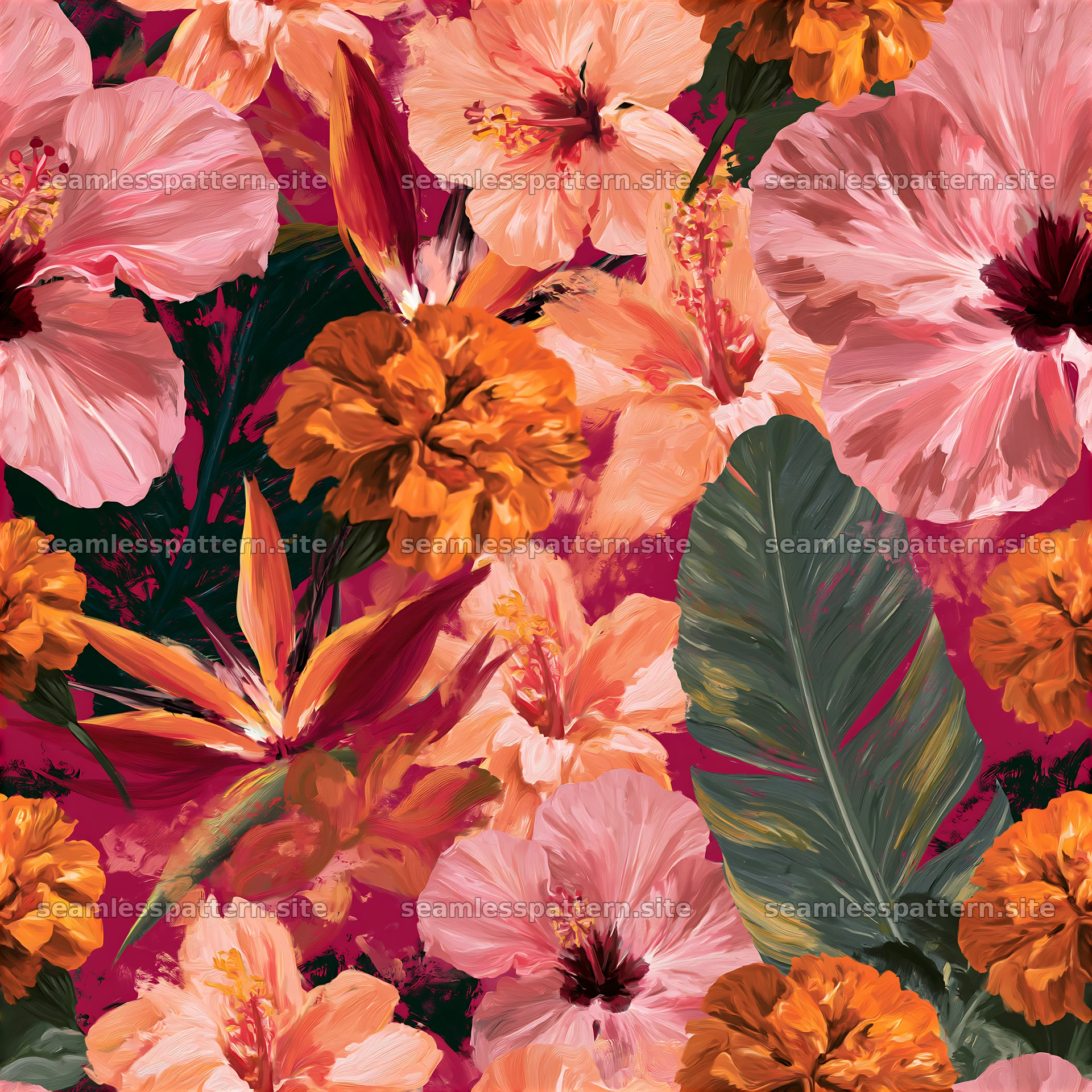 Tropical flower seamless texture with bold colors and patterns