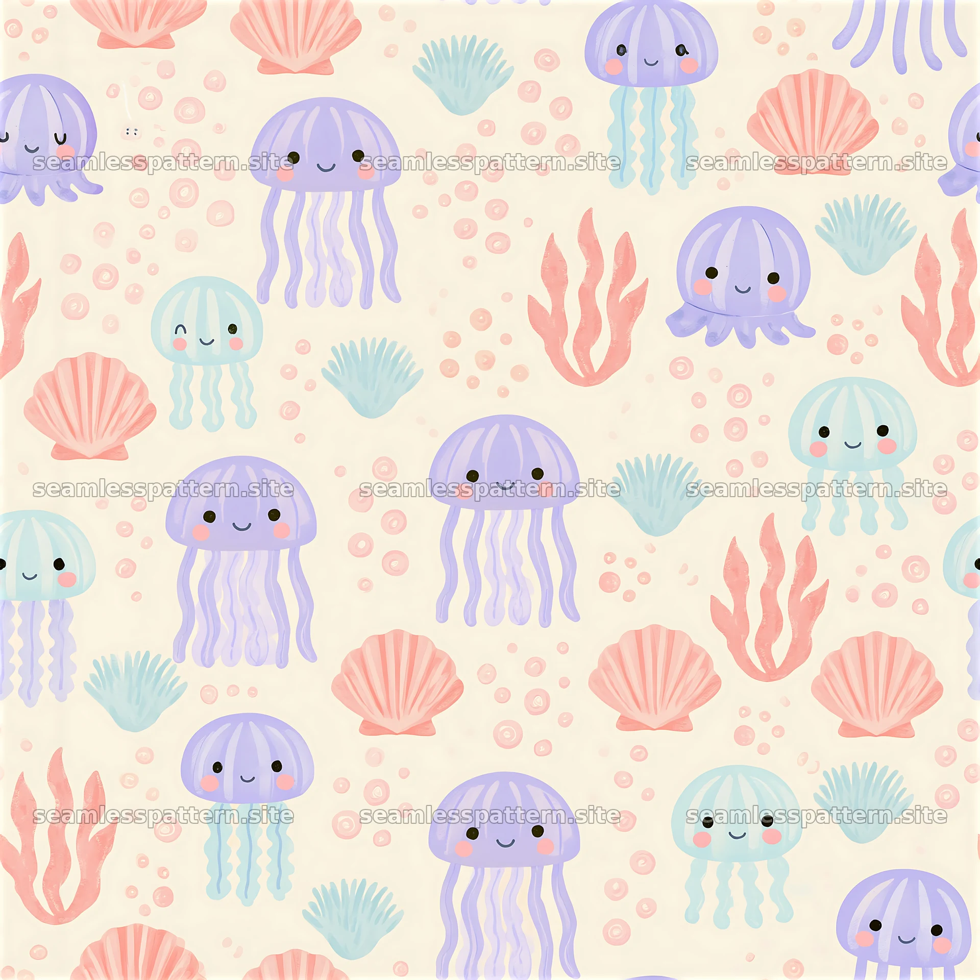 Cute beach motifs seamless pattern featuring jellyfish and shells