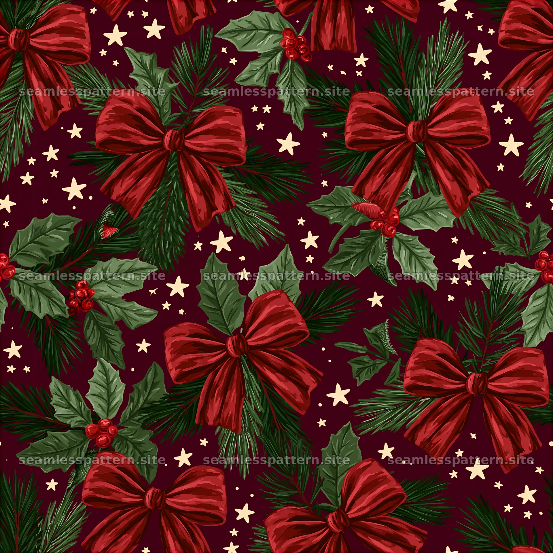 Seamless red and green Christmas pattern with bows and holly leaves