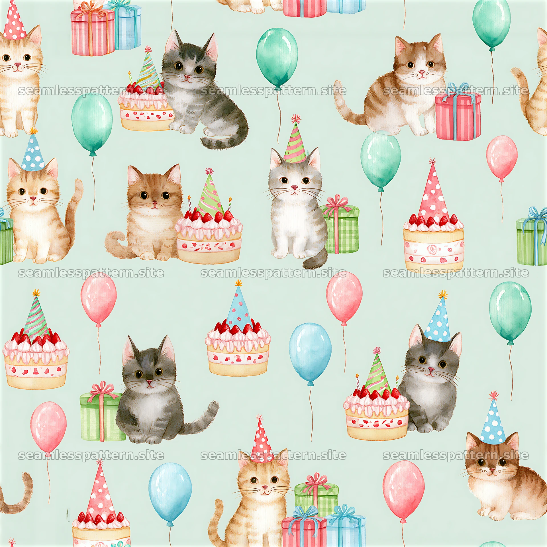 Birthday kittens seamless pattern with colorful balloons and cakes