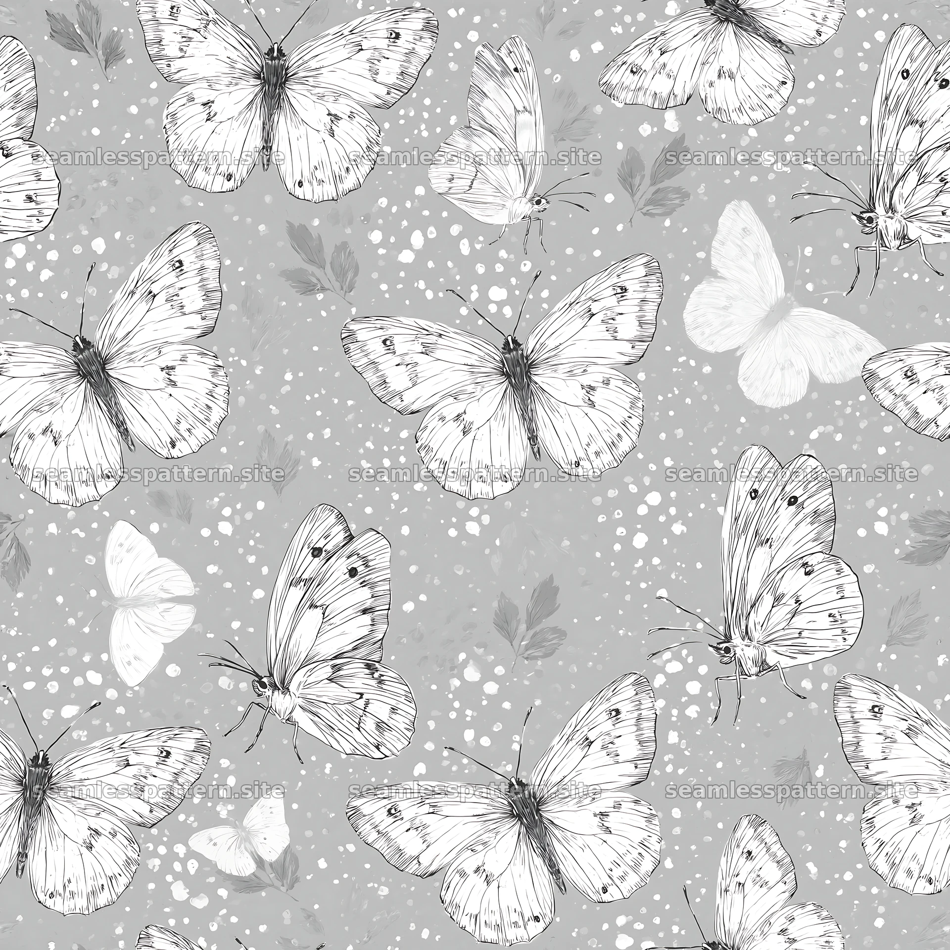 Hand drawn butterfly seamless pattern in monochrome style
