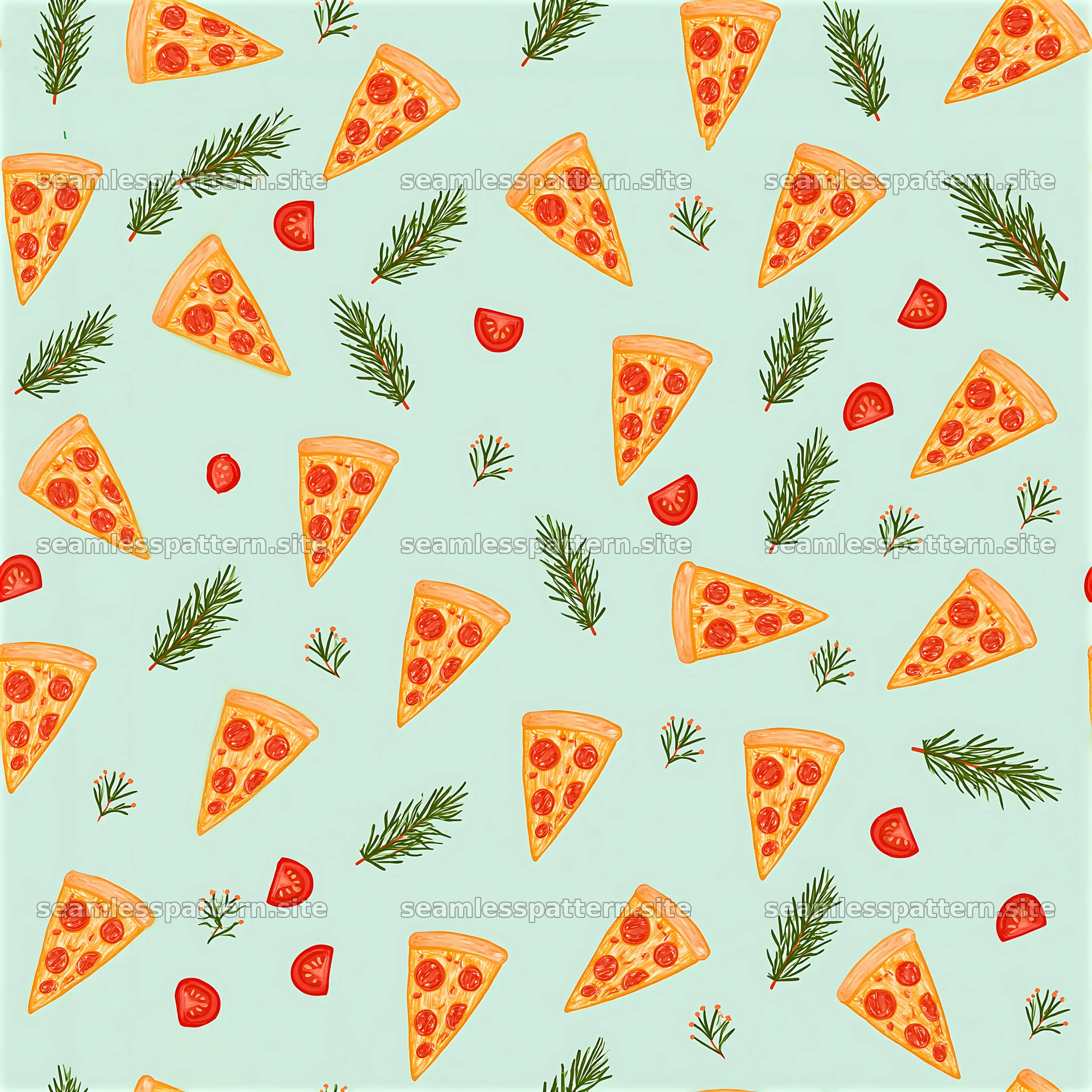 Seamless tablecloth pizza pattern with slices and toppings
