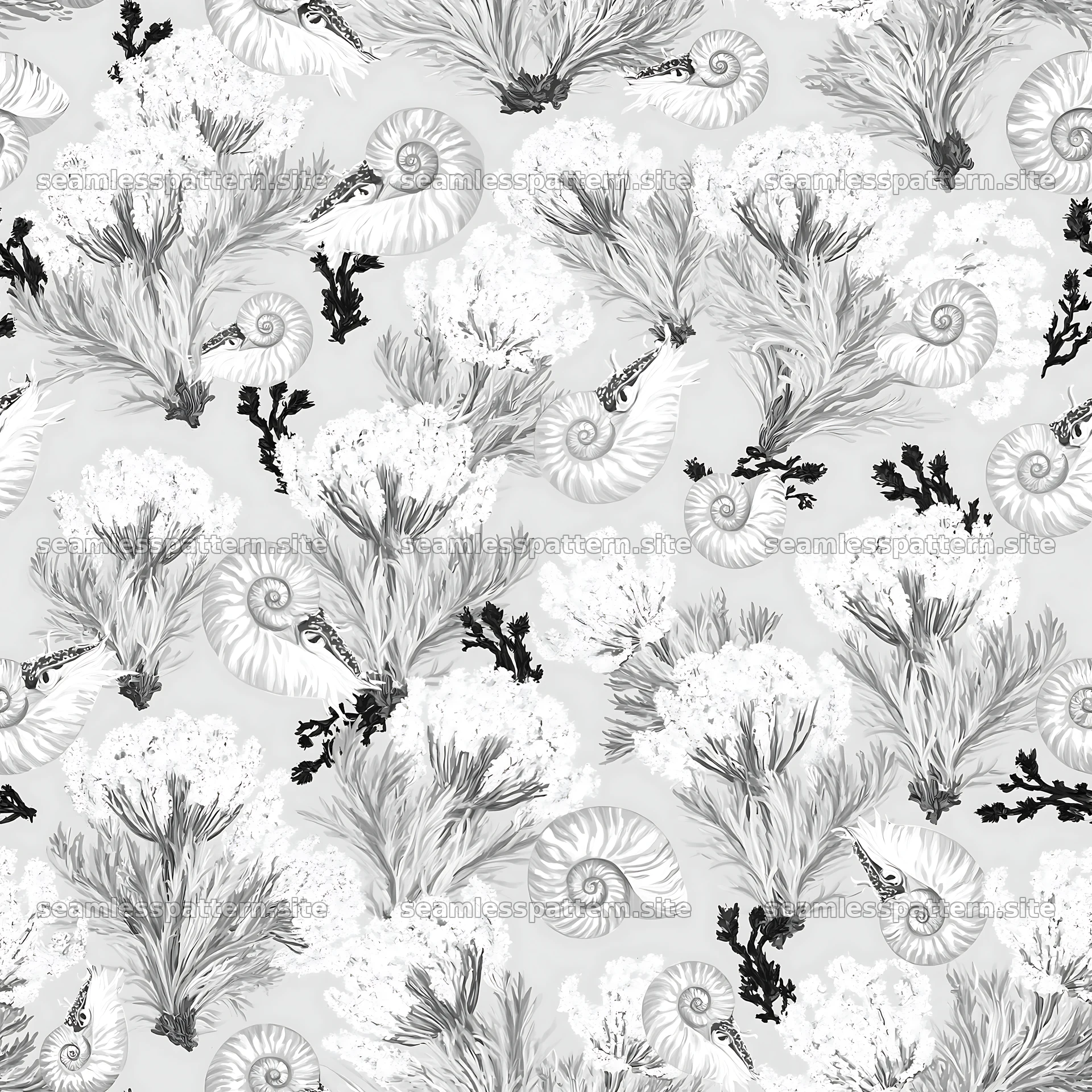 Seamless pattern of spiral shells and moss in monochrome design