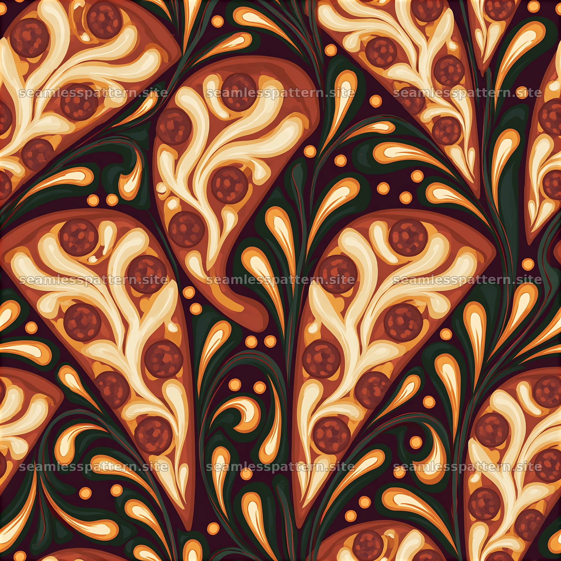 Seamless pepperoni pizza pattern with floral elements and colors