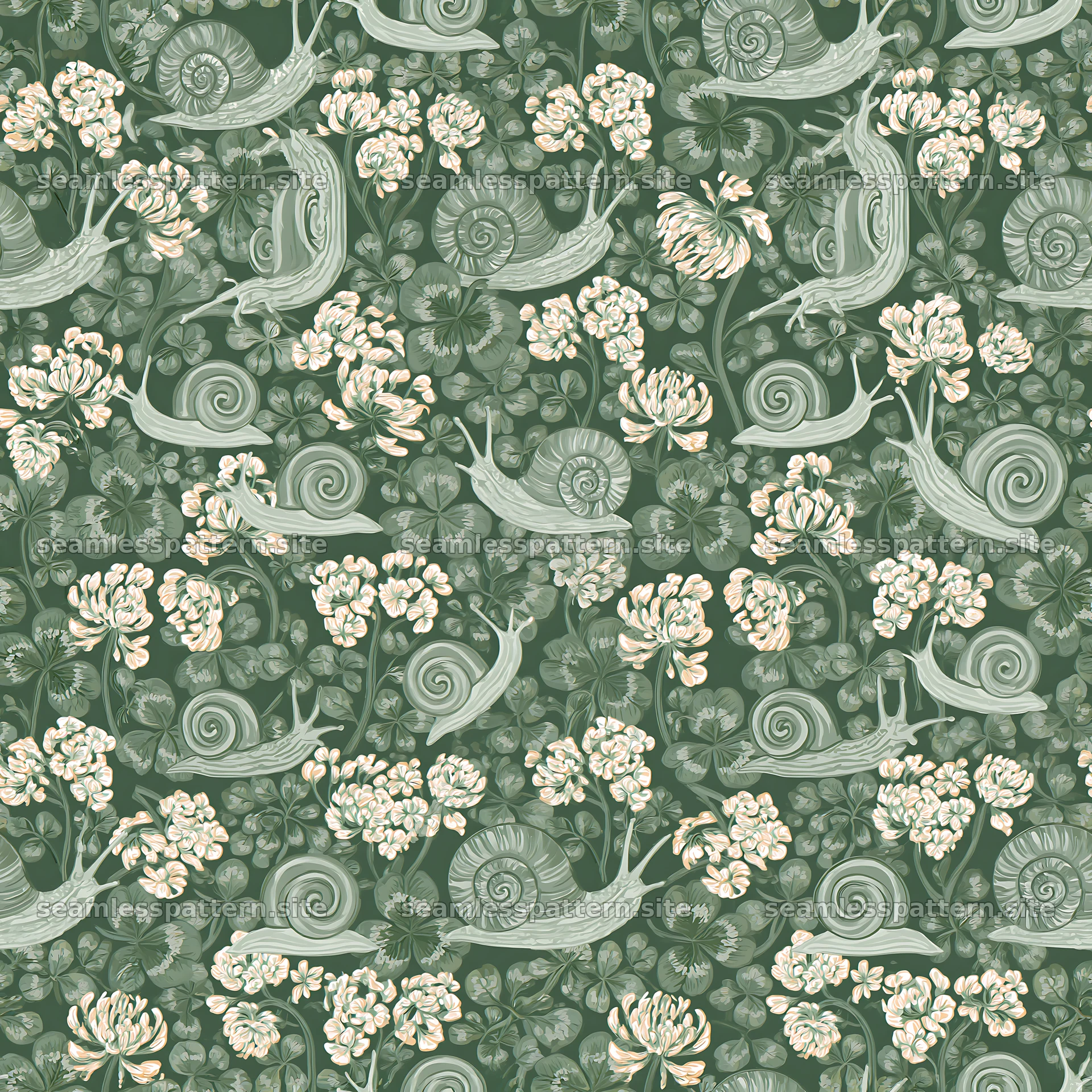 Seamless pattern of snails and clover leaves