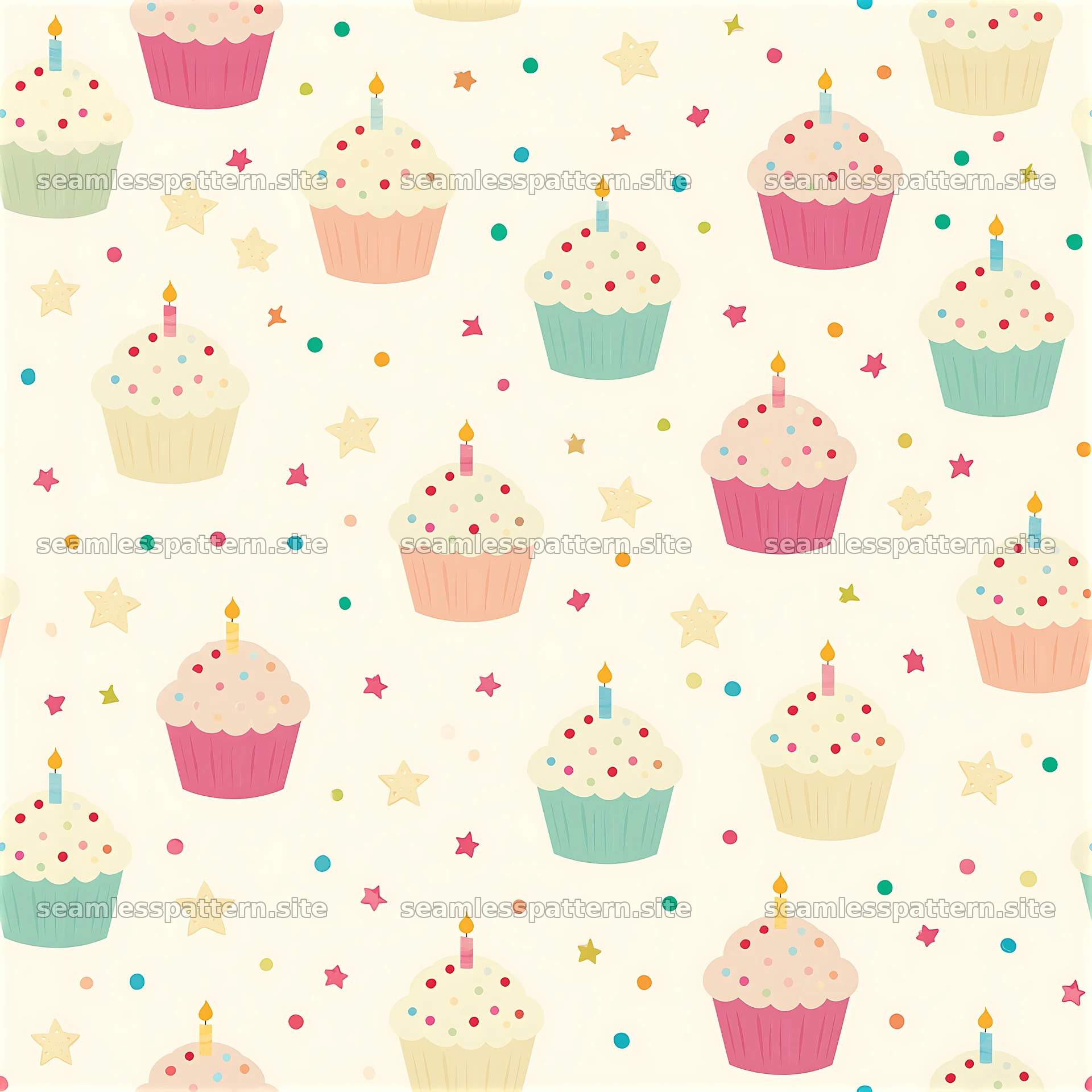Birthday party sweets seamless pattern with cupcakes and stars