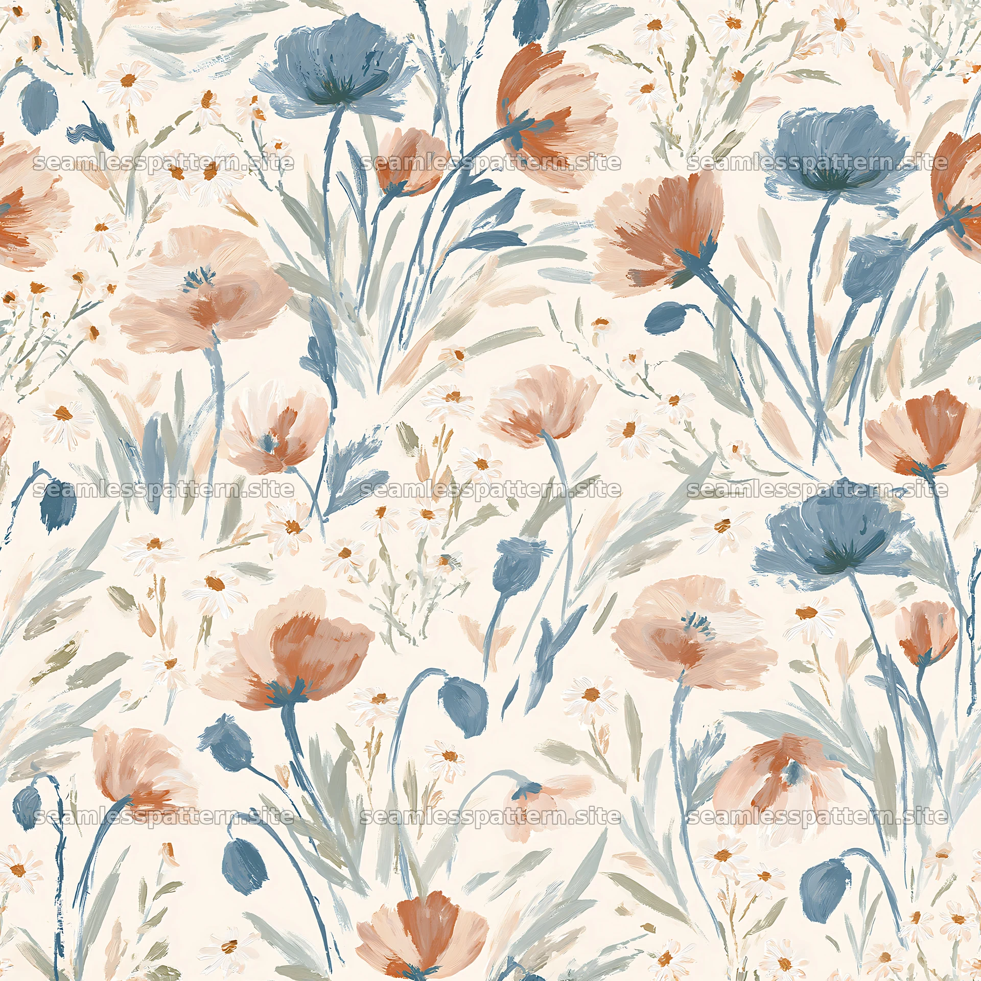 Repeat wildflower brushstroke pattern for fabric and wallpaper