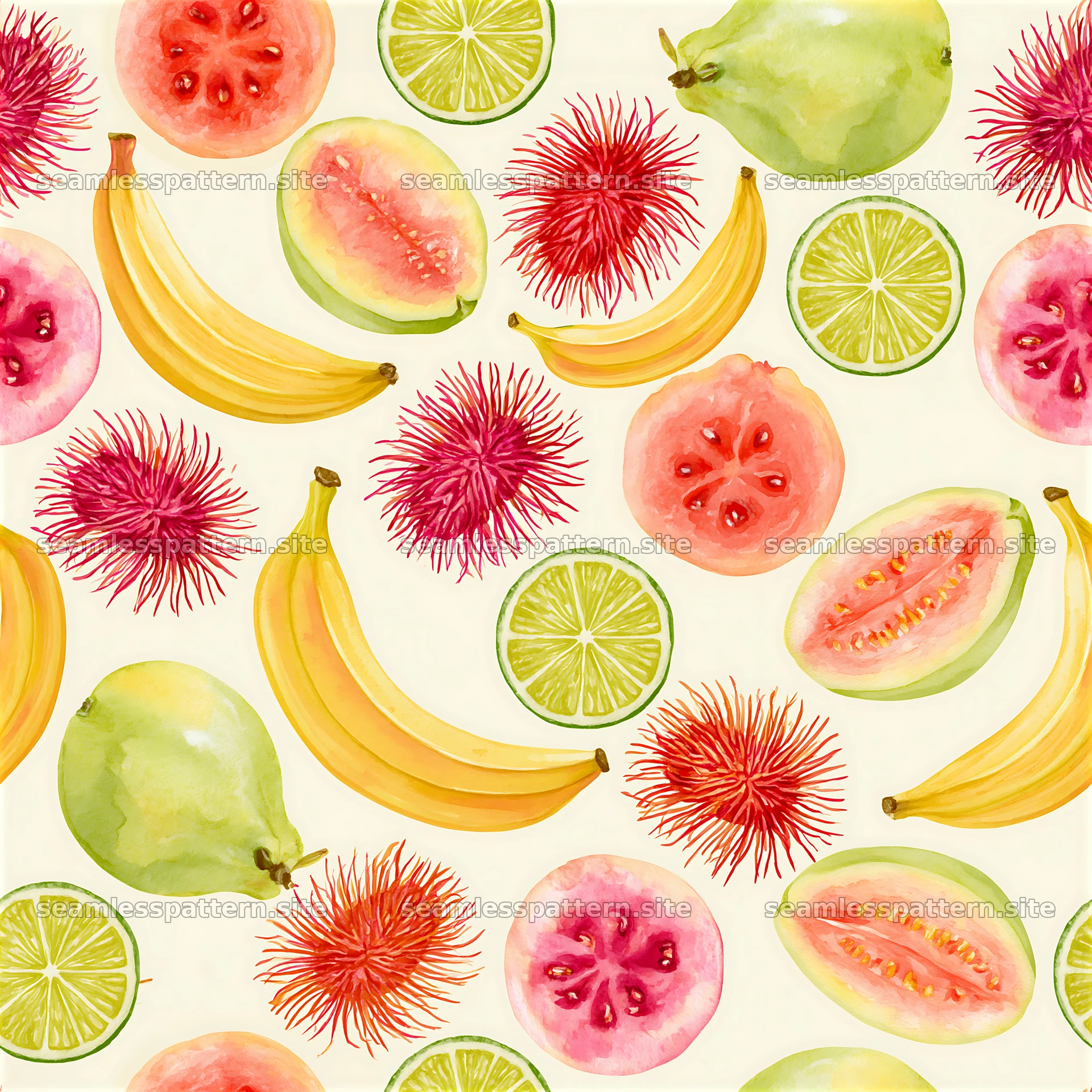 Bright tropical fruit seamless pattern with bananas and limes