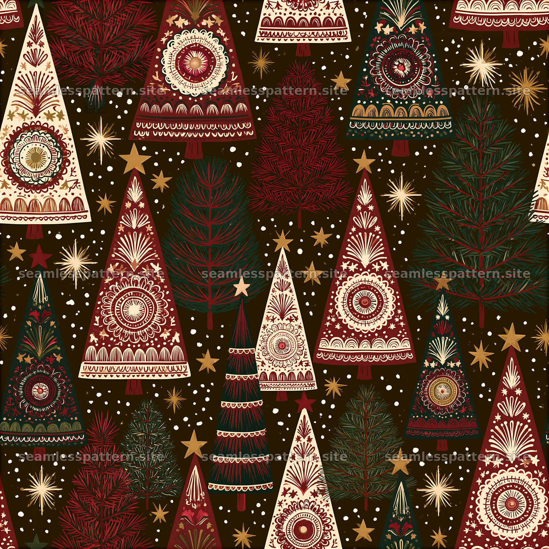 Seamless folk art Christmas tree pattern with festive colors