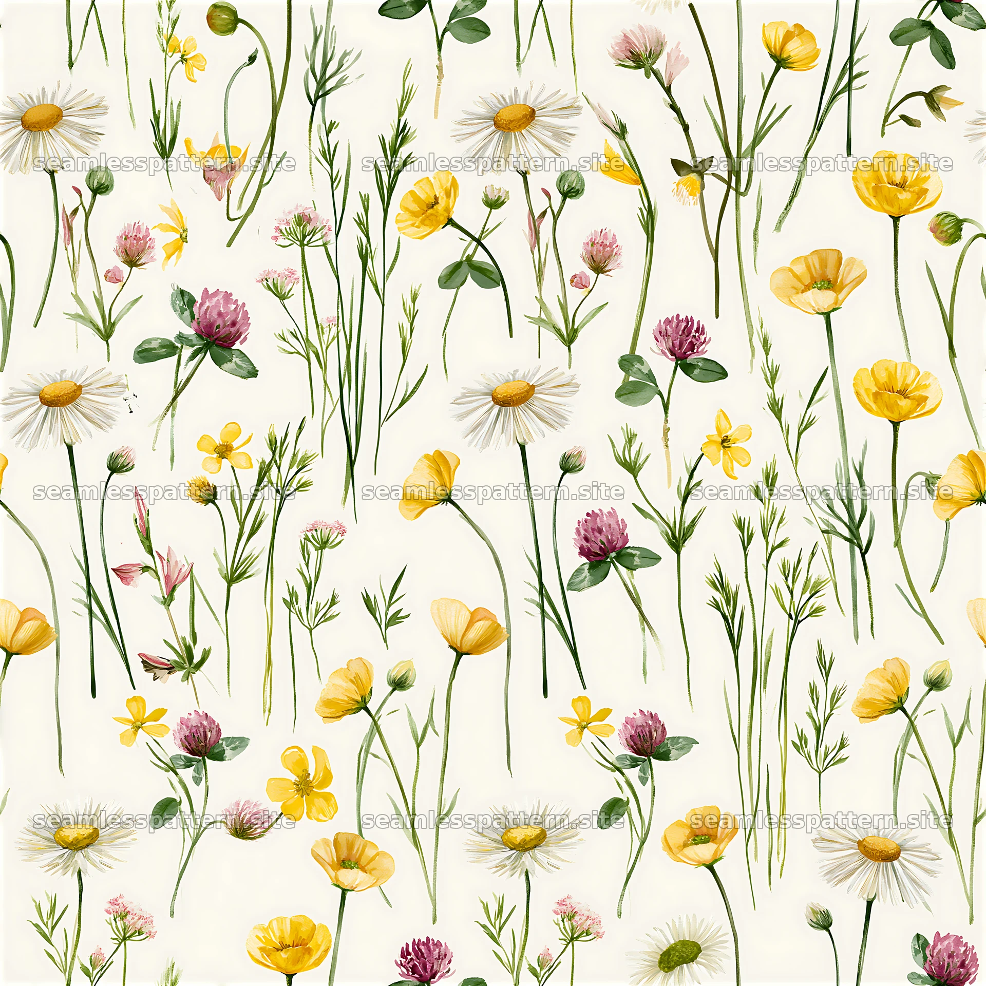 Tileable watercolor meadow flower pattern with various wildflowers