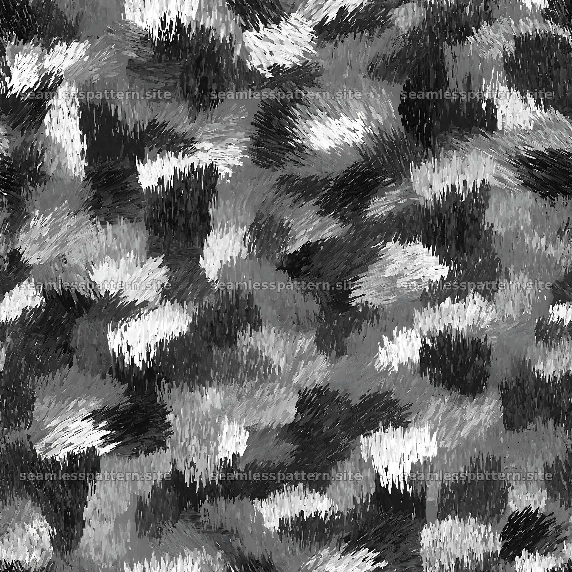 Seamless woodland camouflage brushstroke pattern in black and white