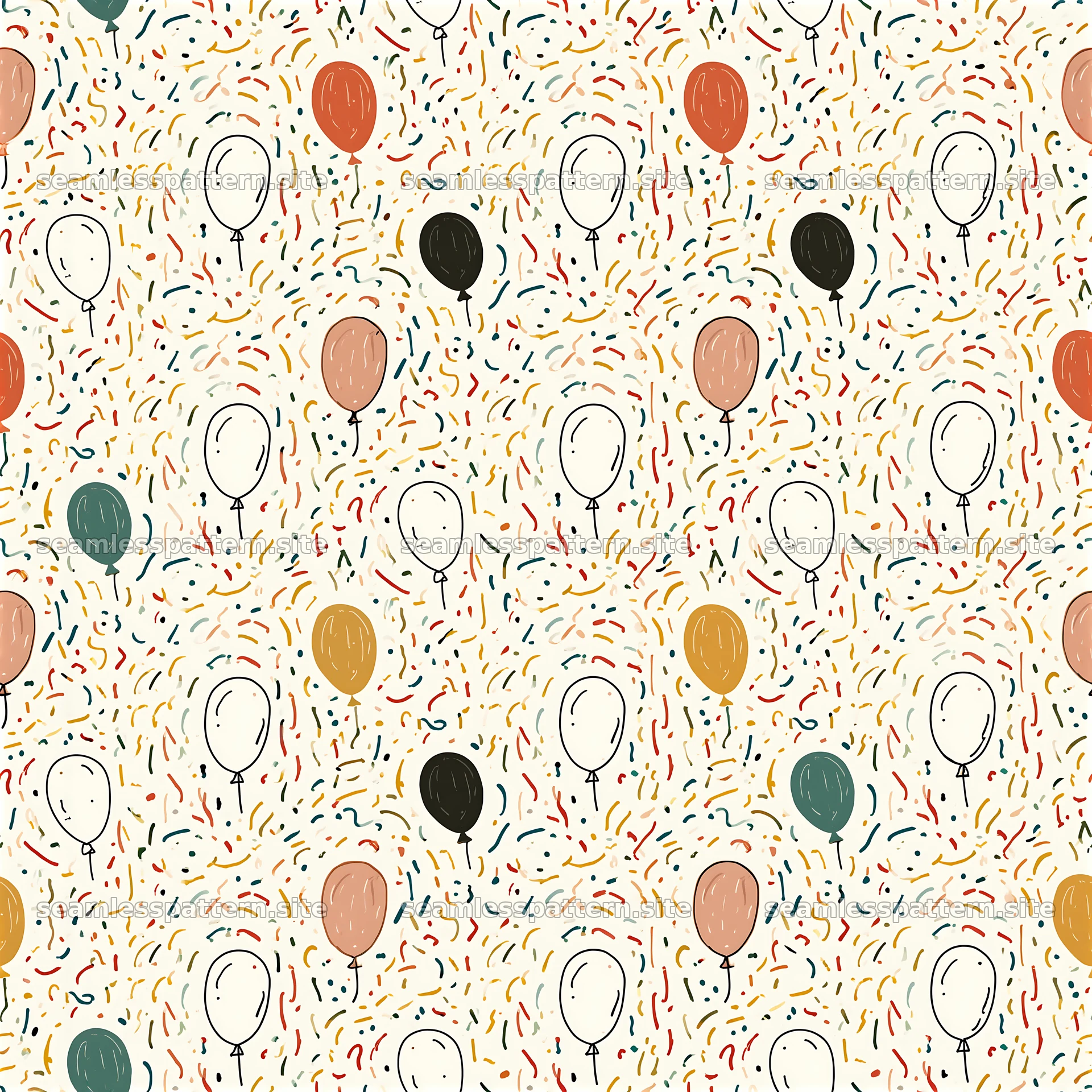 Seamless pattern of balloons and dense confetti with colorful elements