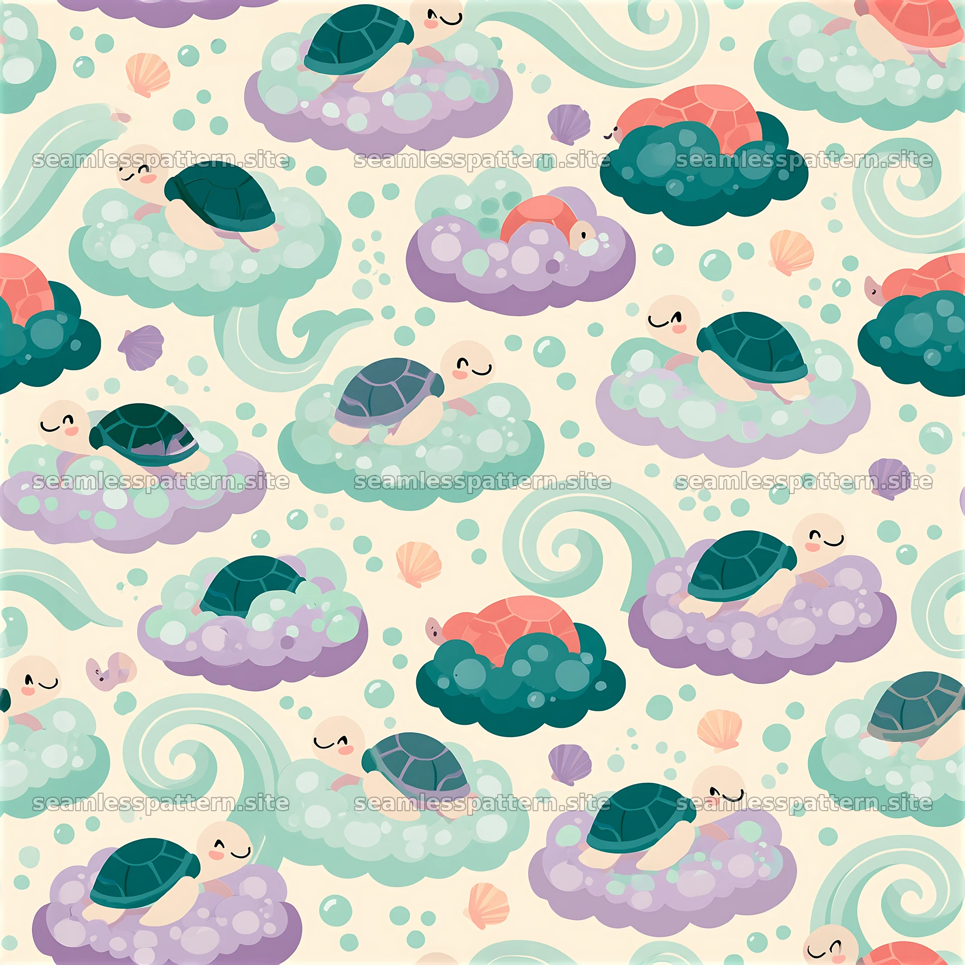Cute turtle seamless pattern with turtles on clouds and sea elements