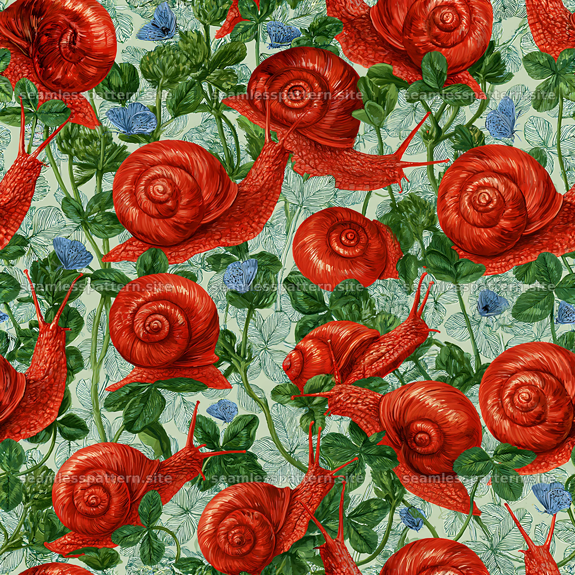 Red snail pattern with butterflies, repeating pattern