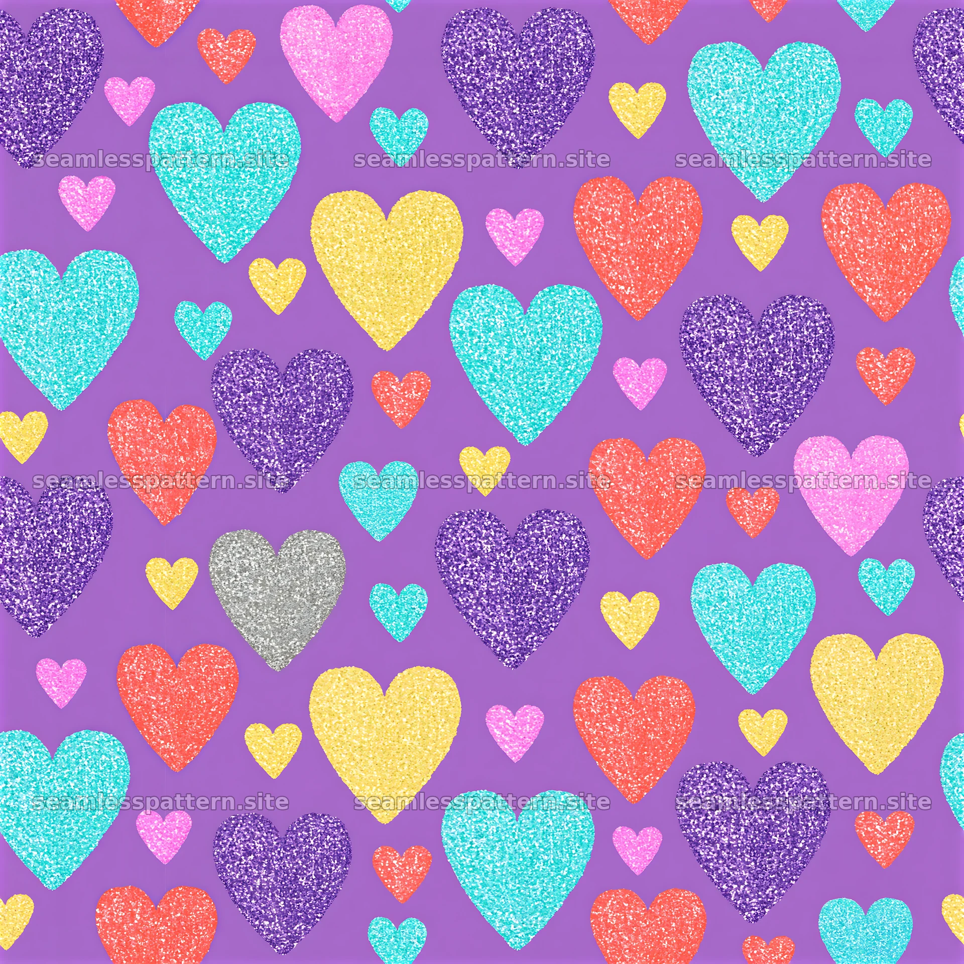 Colorful glitter hearts appear on a purple surface
