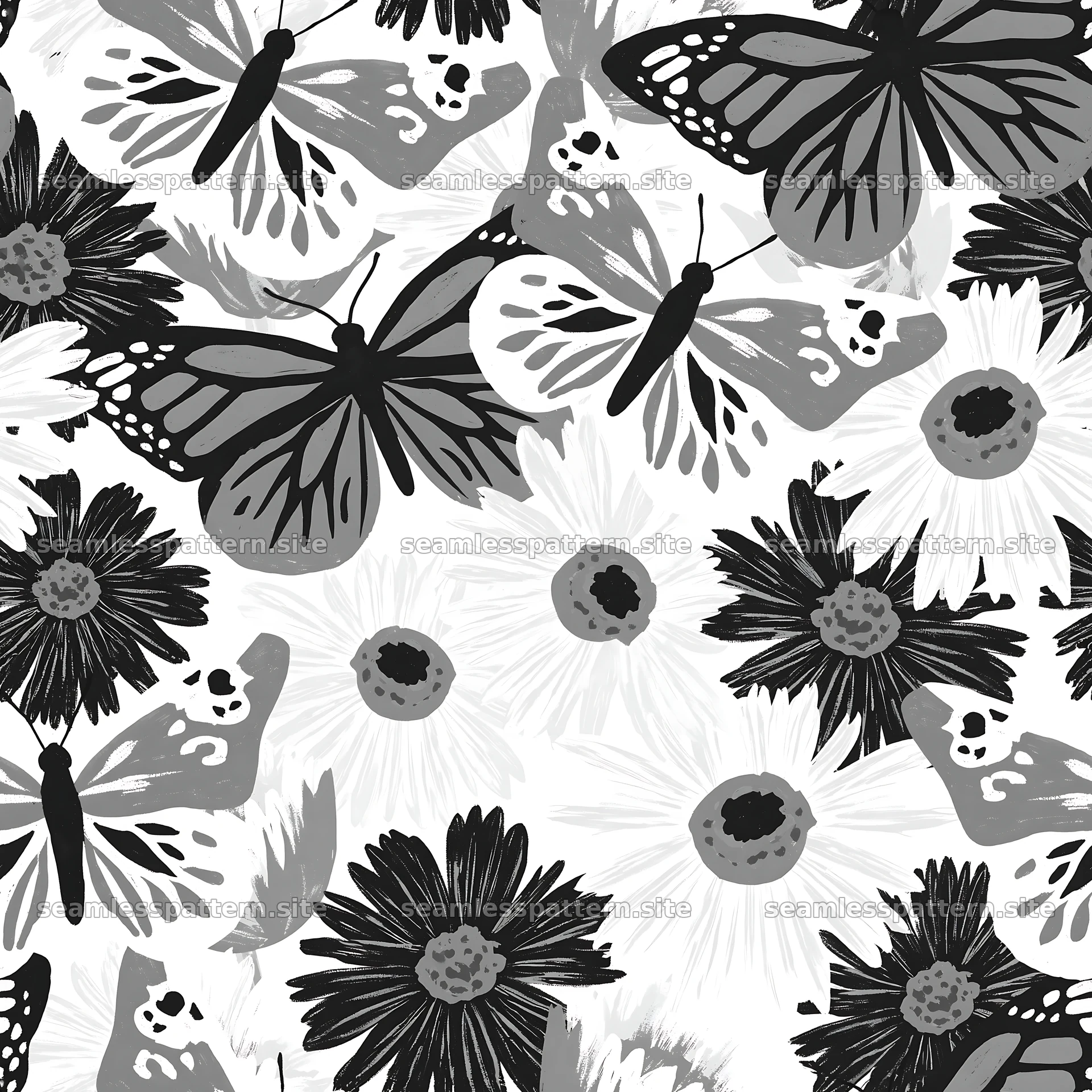 Butterfly and daisy seamless pattern in black and white