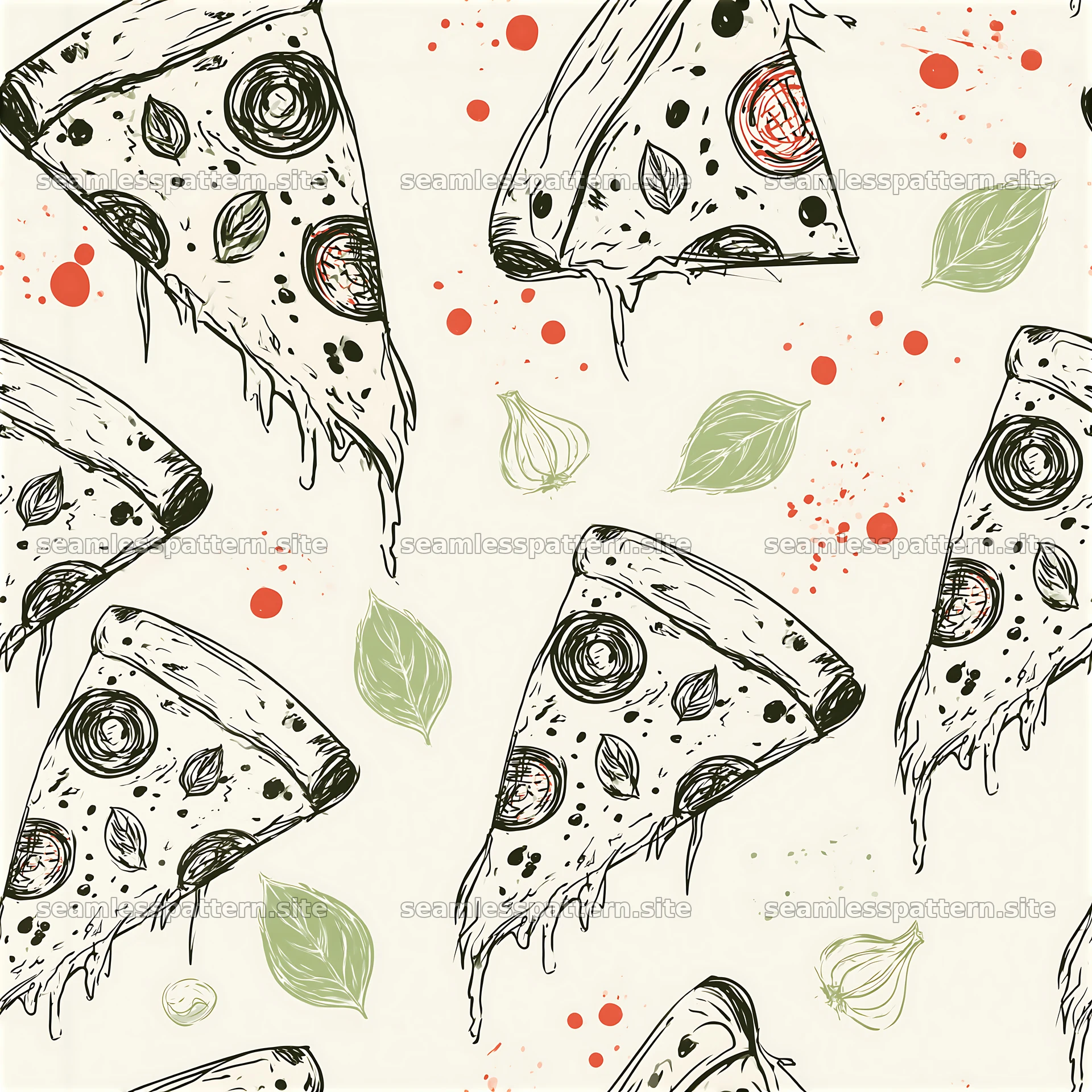 Seamless doodle pizza pattern with slices and toppings in simple style