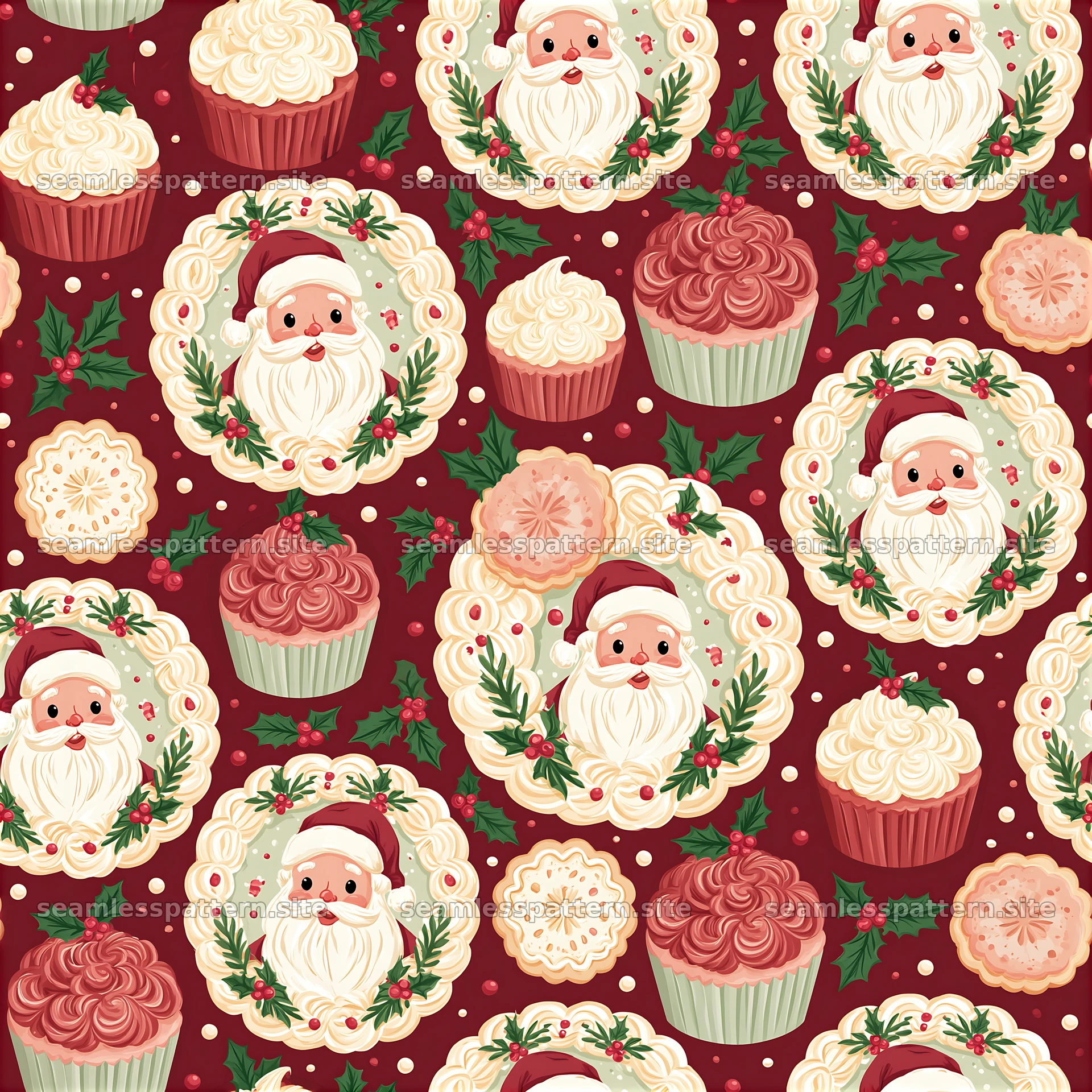 Santa Claus repeat pattern with festive cupcakes and cookies