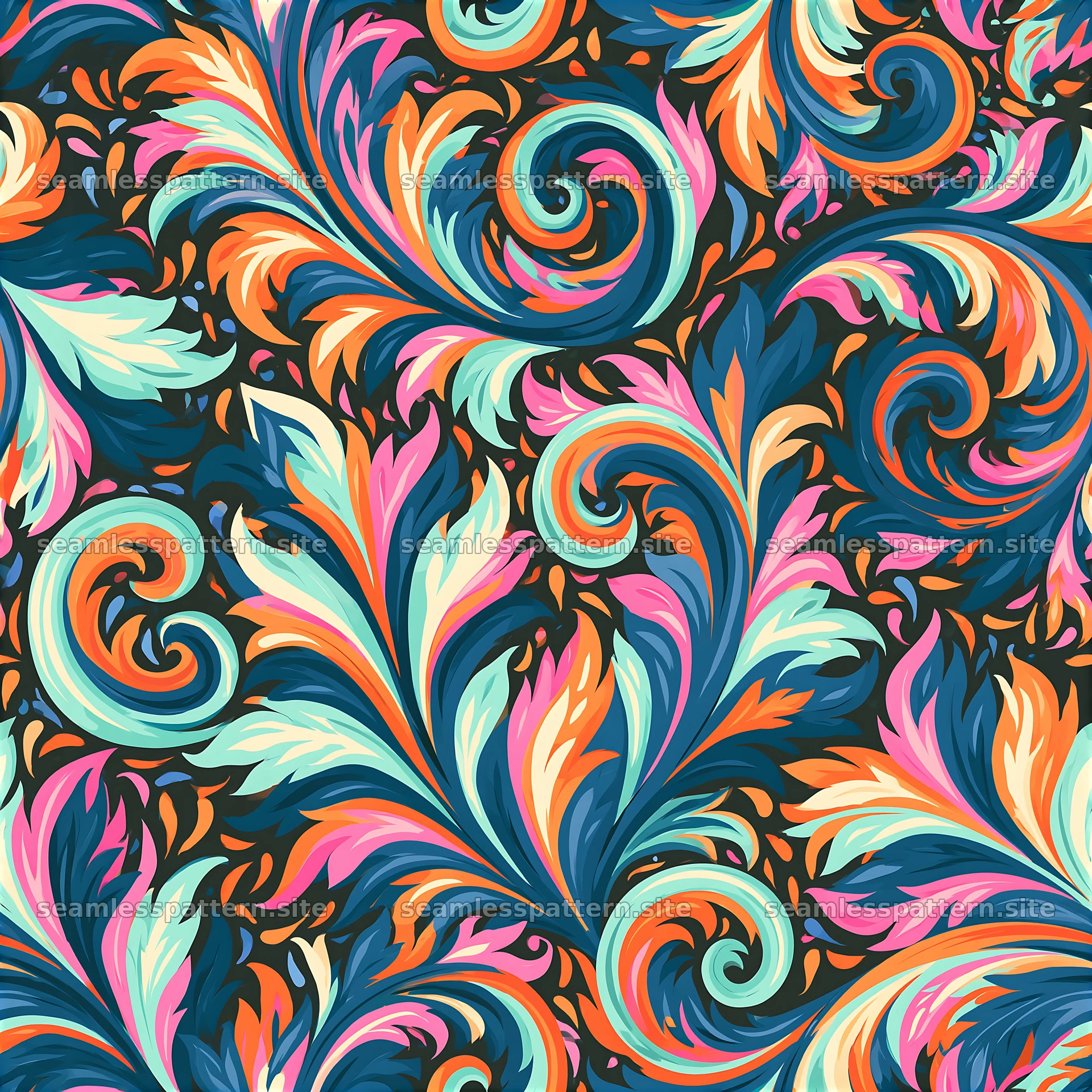 Colorful damask seamless pattern with swirling floral motifs