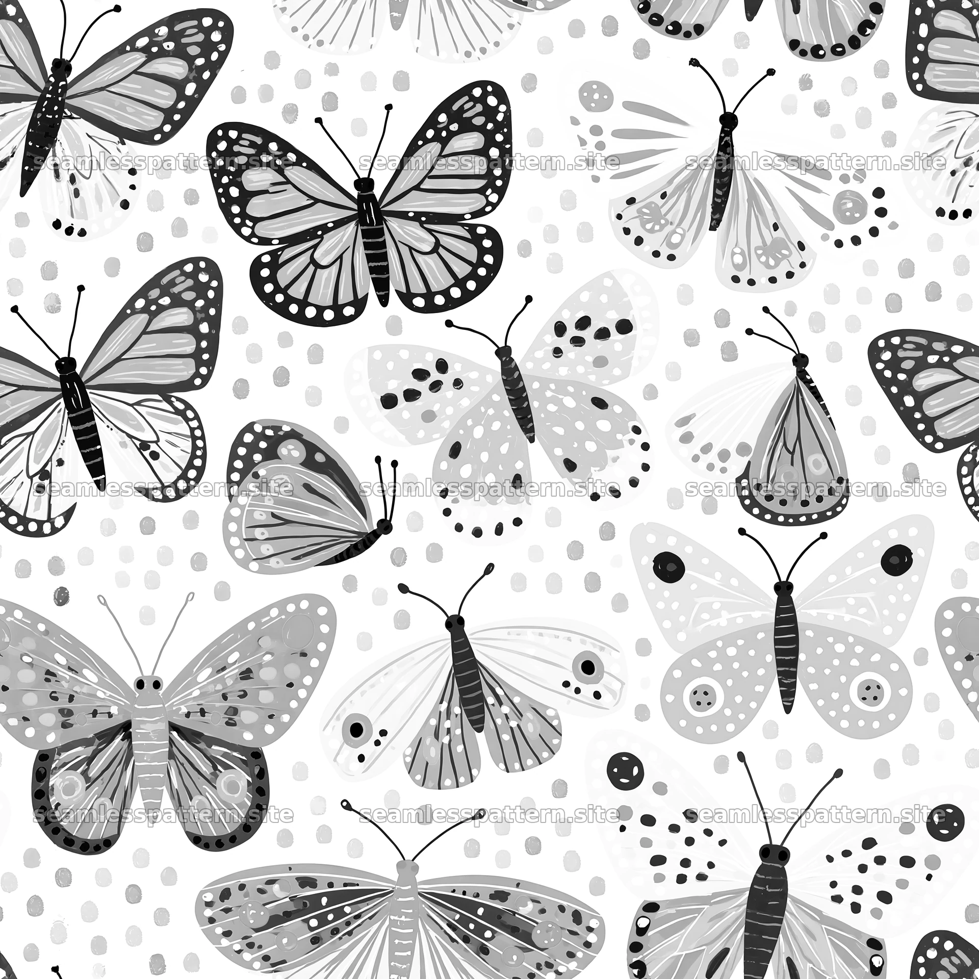 Cartoon butterfly seamless pattern in black and white