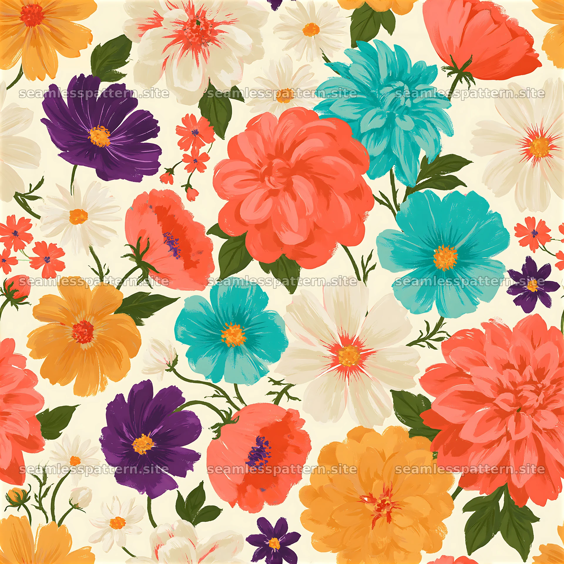Colorful garden flowers repeat pattern with bright blooms and leaves